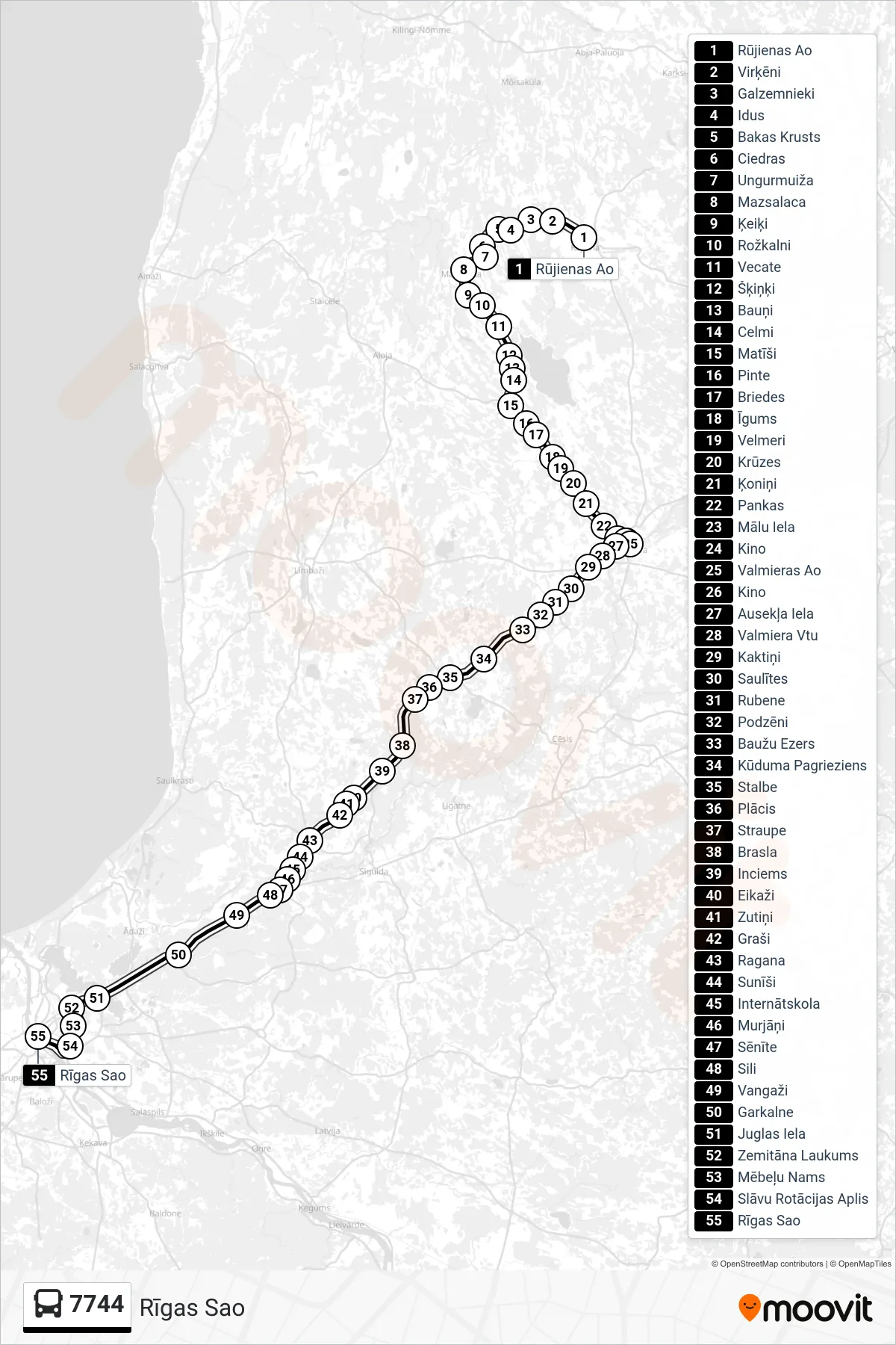 7744 bus Line (Rīgas Sao) route and stops on a map