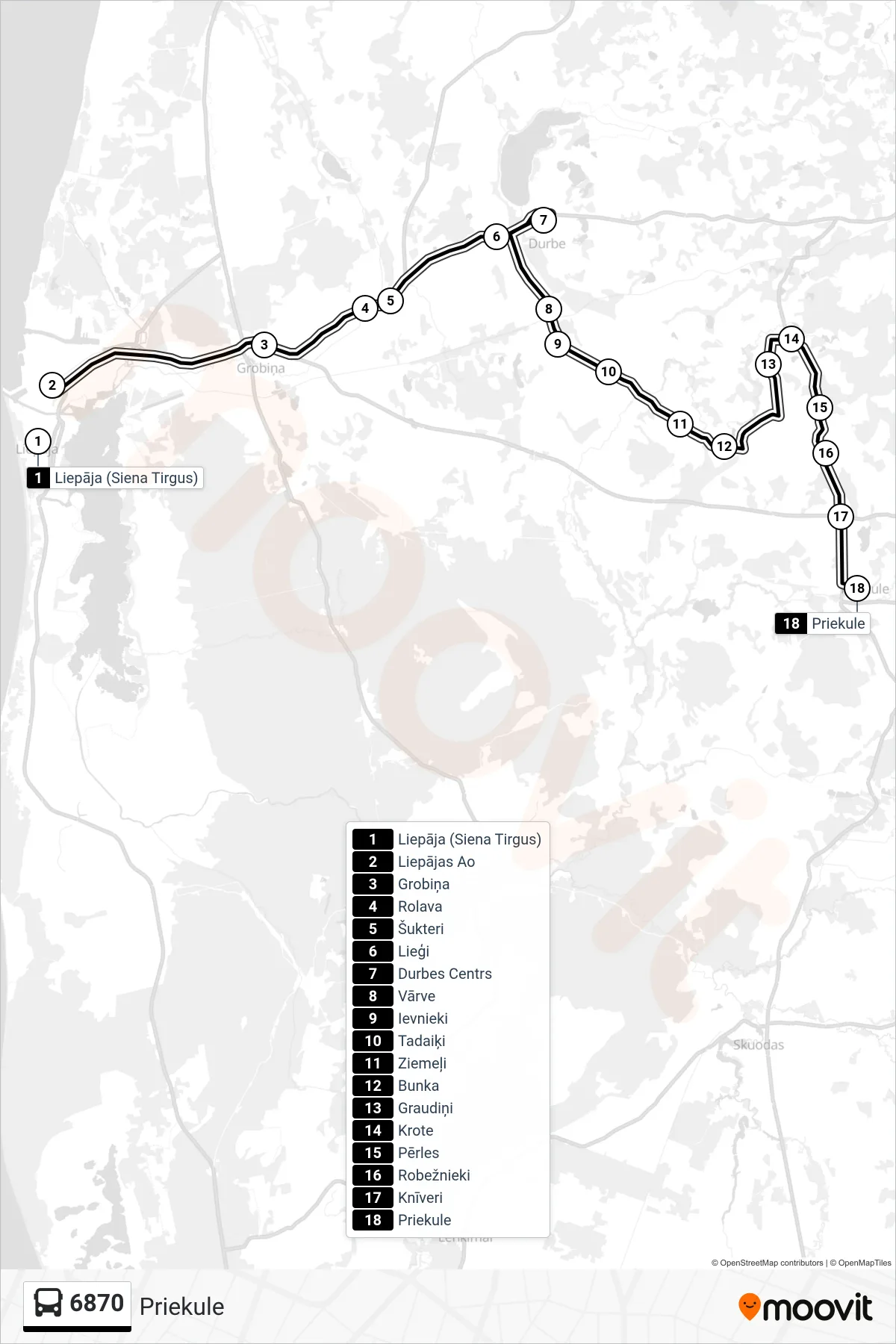 6870 bus Line (Priekule) route and stops on a map