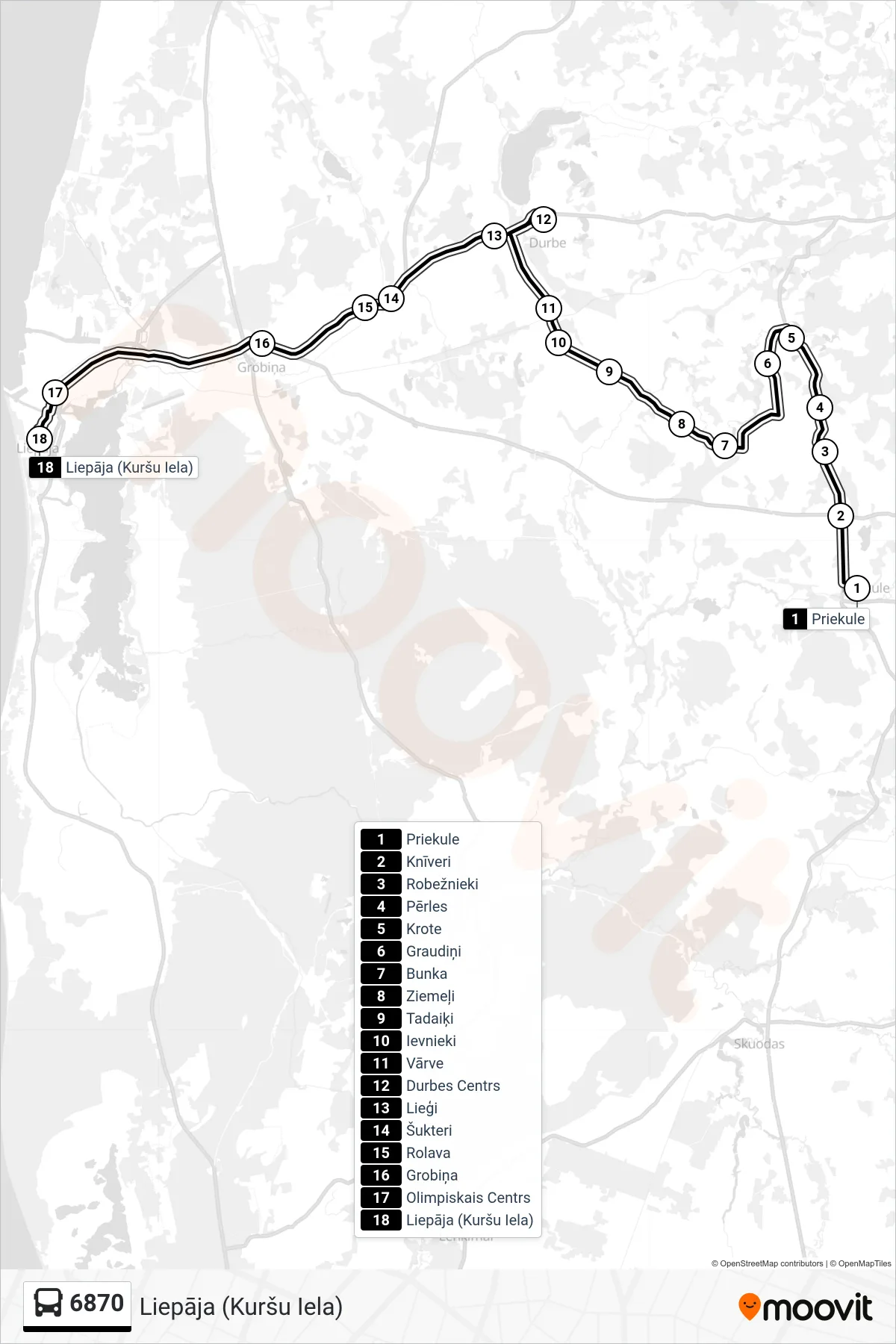 6870 bus Line (Liepāja (Kuršu Iela)) route and stops on a map