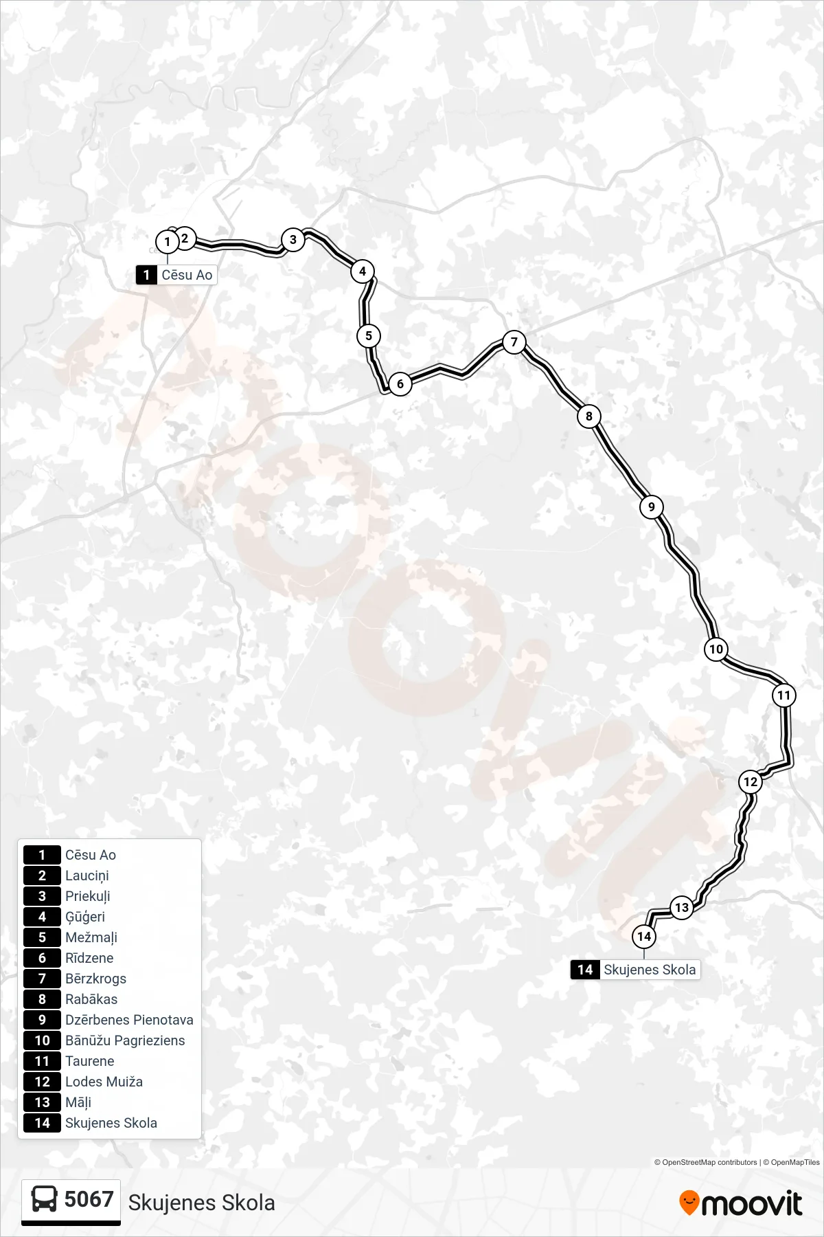 5067 bus Line (Skujenes Skola) route and stops on a map