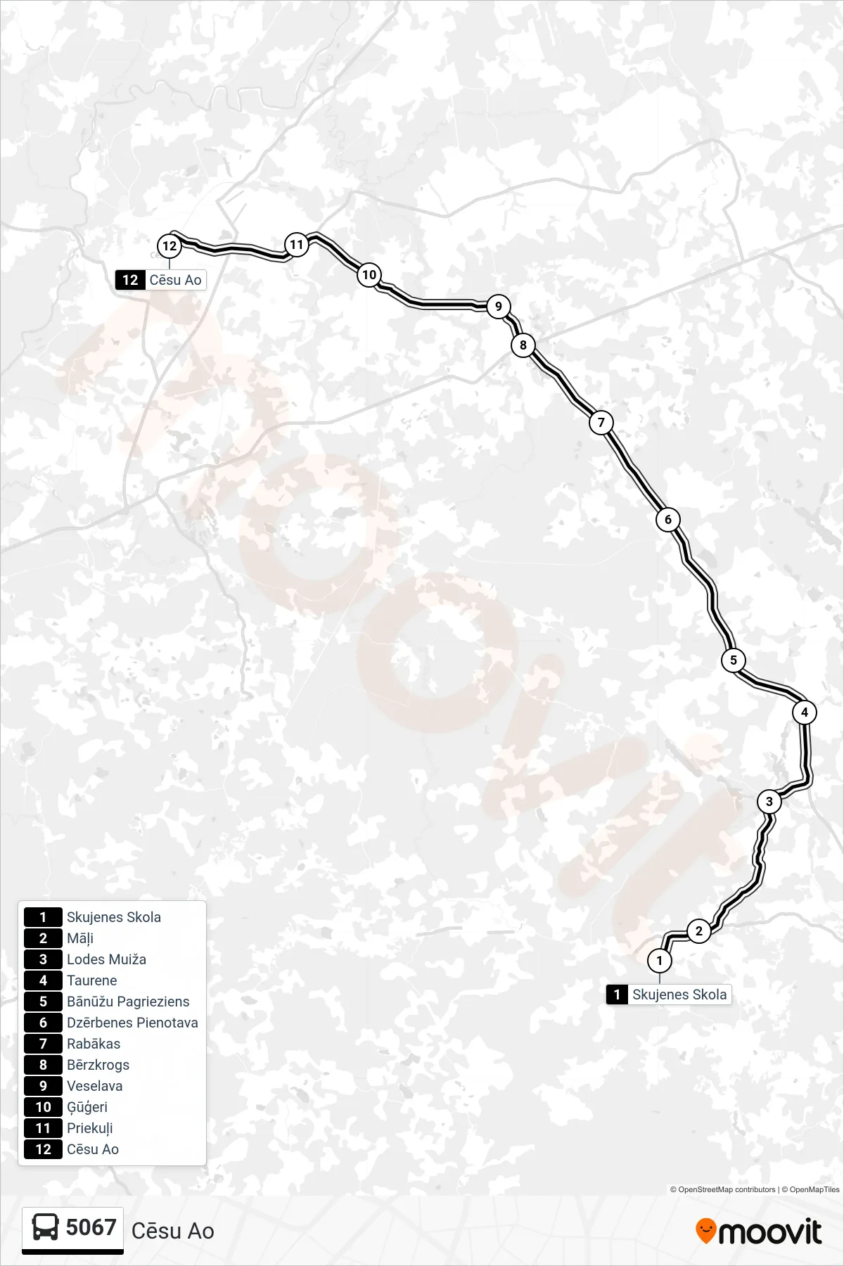 5067 bus Line (Cēsu Ao) route and stops on a map