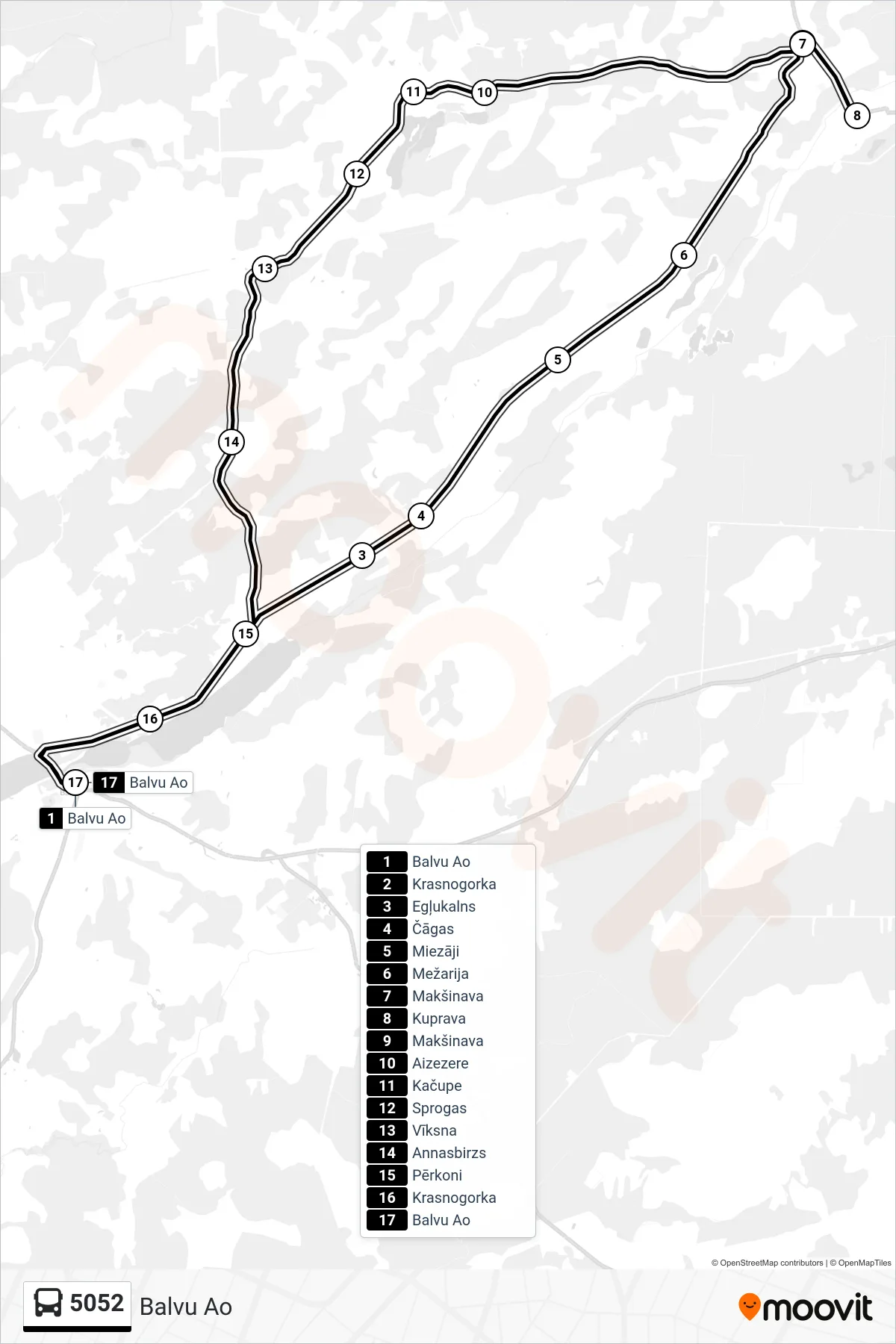 5052 bus Line (Balvu Ao) route and stops on a map