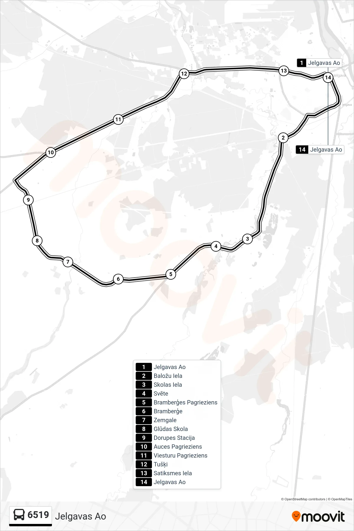 6519 bus Line (Jelgavas Ao) route and stops on a map