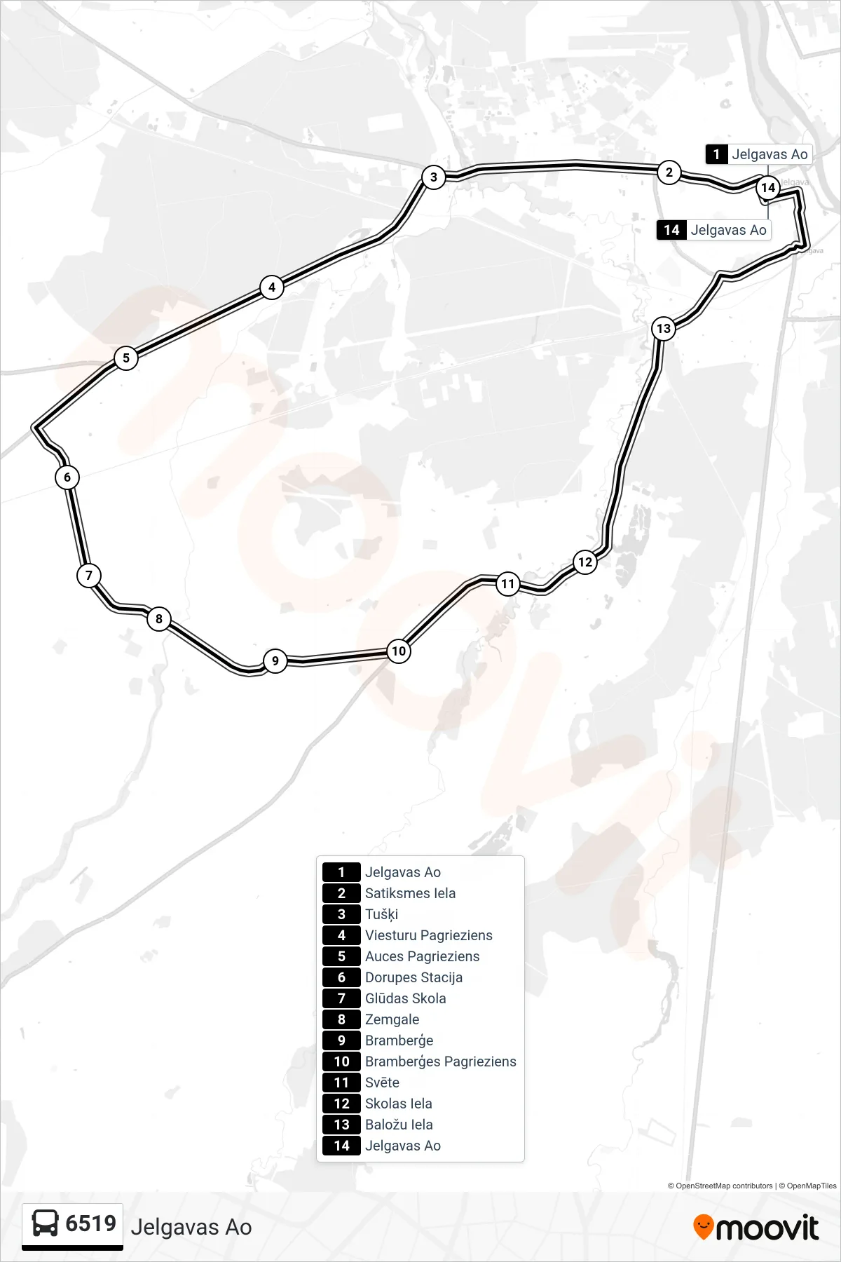 6519 bus Line (Jelgavas Ao) route and stops on a map