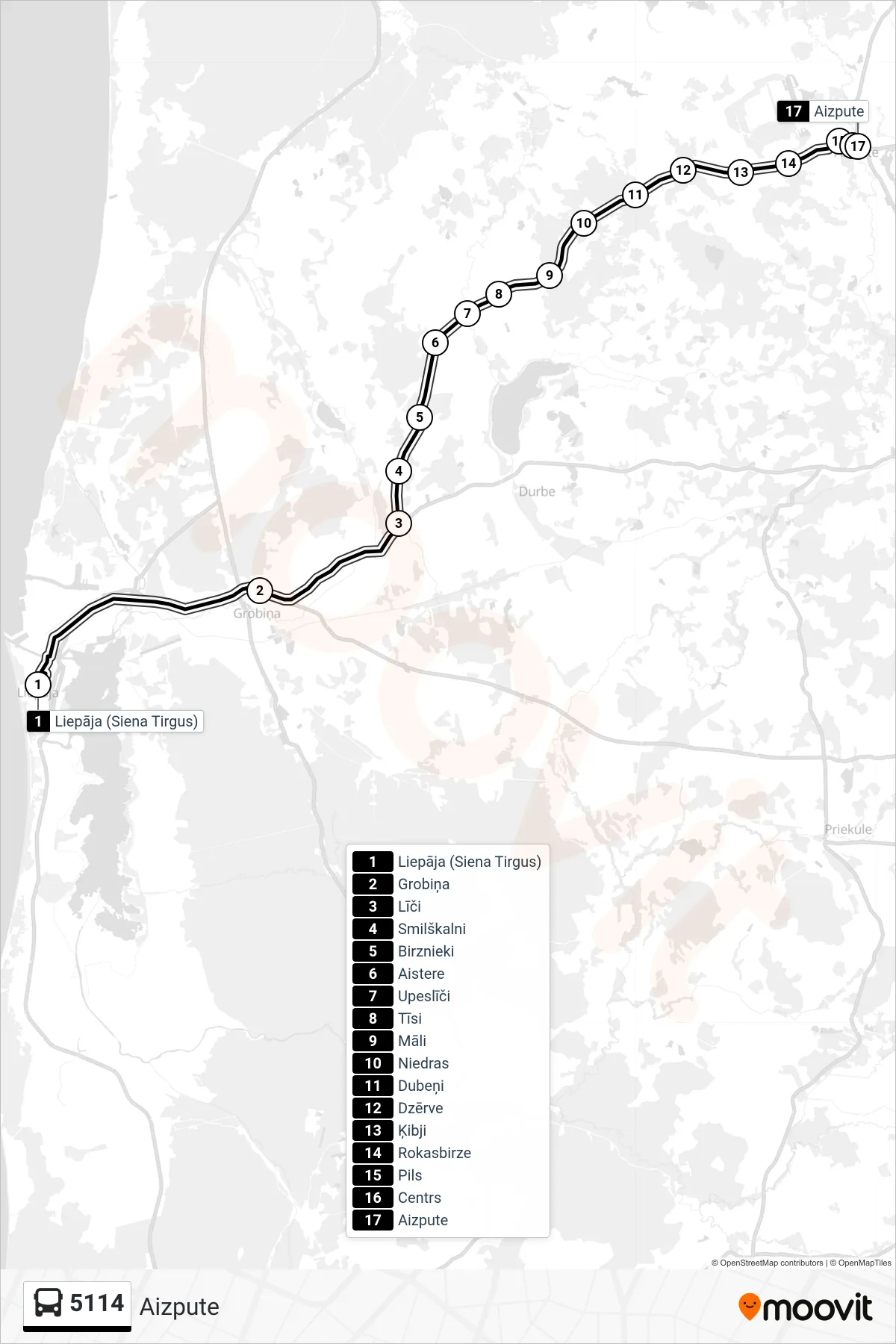 5114 bus Line (Aizpute) route and stops on a map