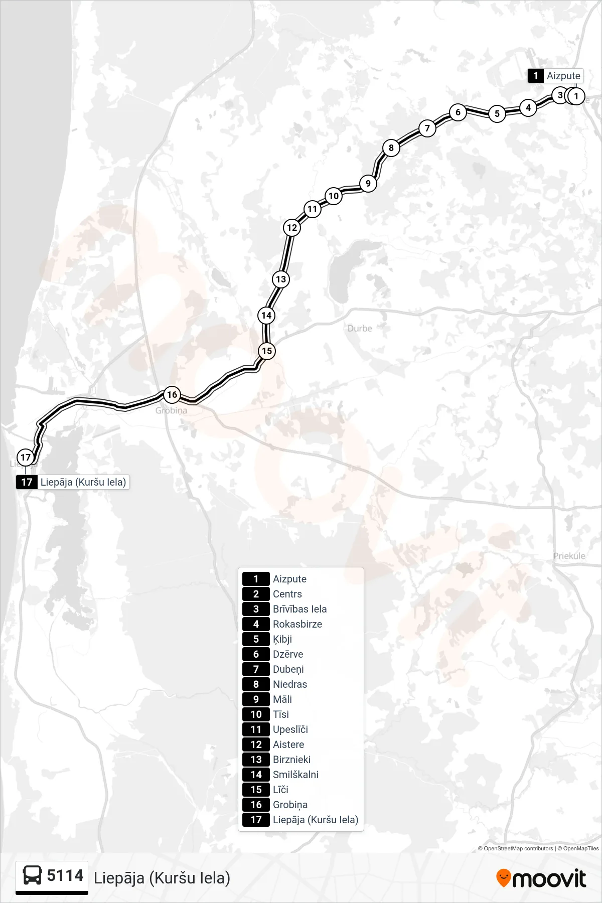5114 bus Line (Liepāja (Kuršu Iela)) route and stops on a map