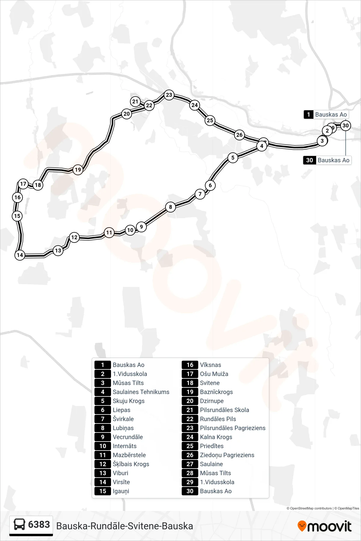 6383 bus Line (Bauskas Ao) route and stops on a map