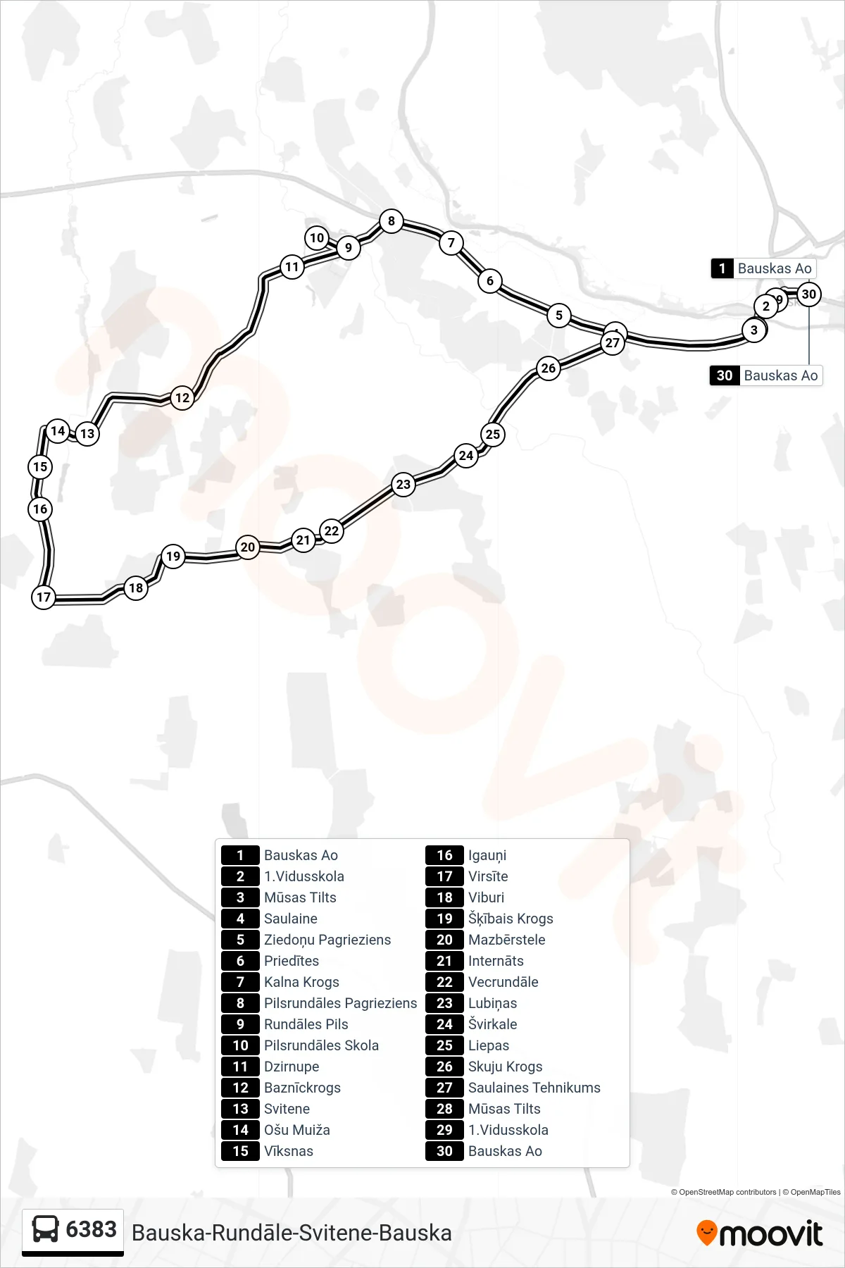 6383 bus Line (Bauskas Ao) route and stops on a map