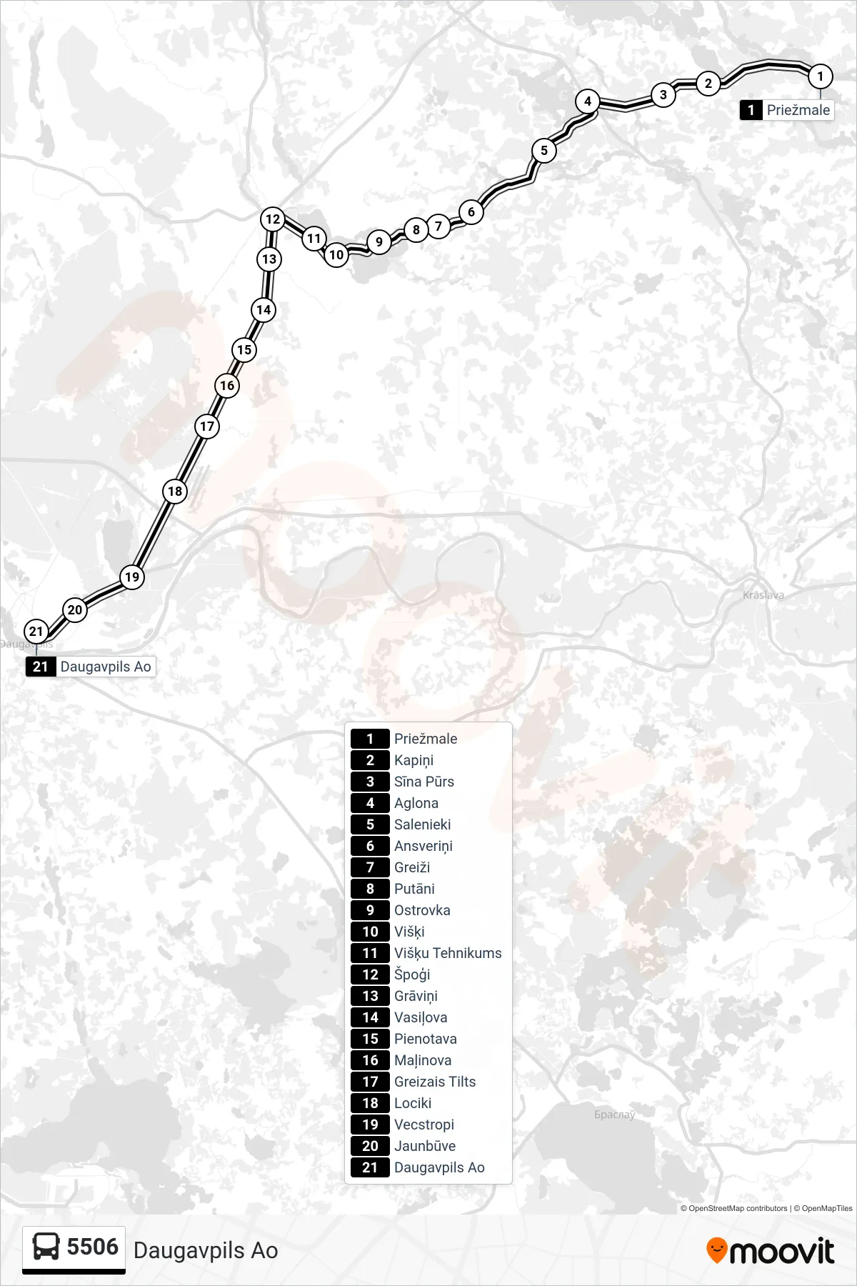5506 bus Line (Daugavpils Ao) route and stops on a map