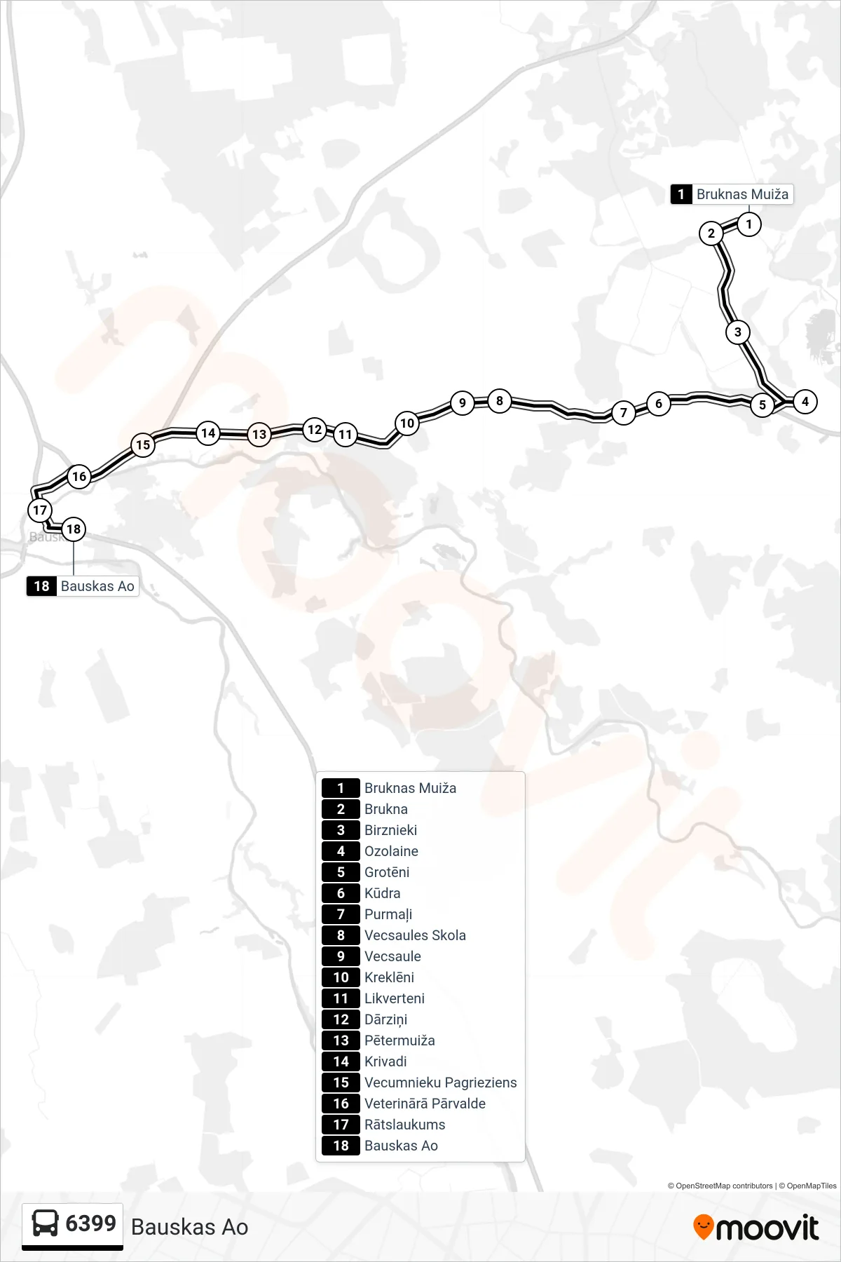 6399 bus Line (Bauskas Ao) route and stops on a map