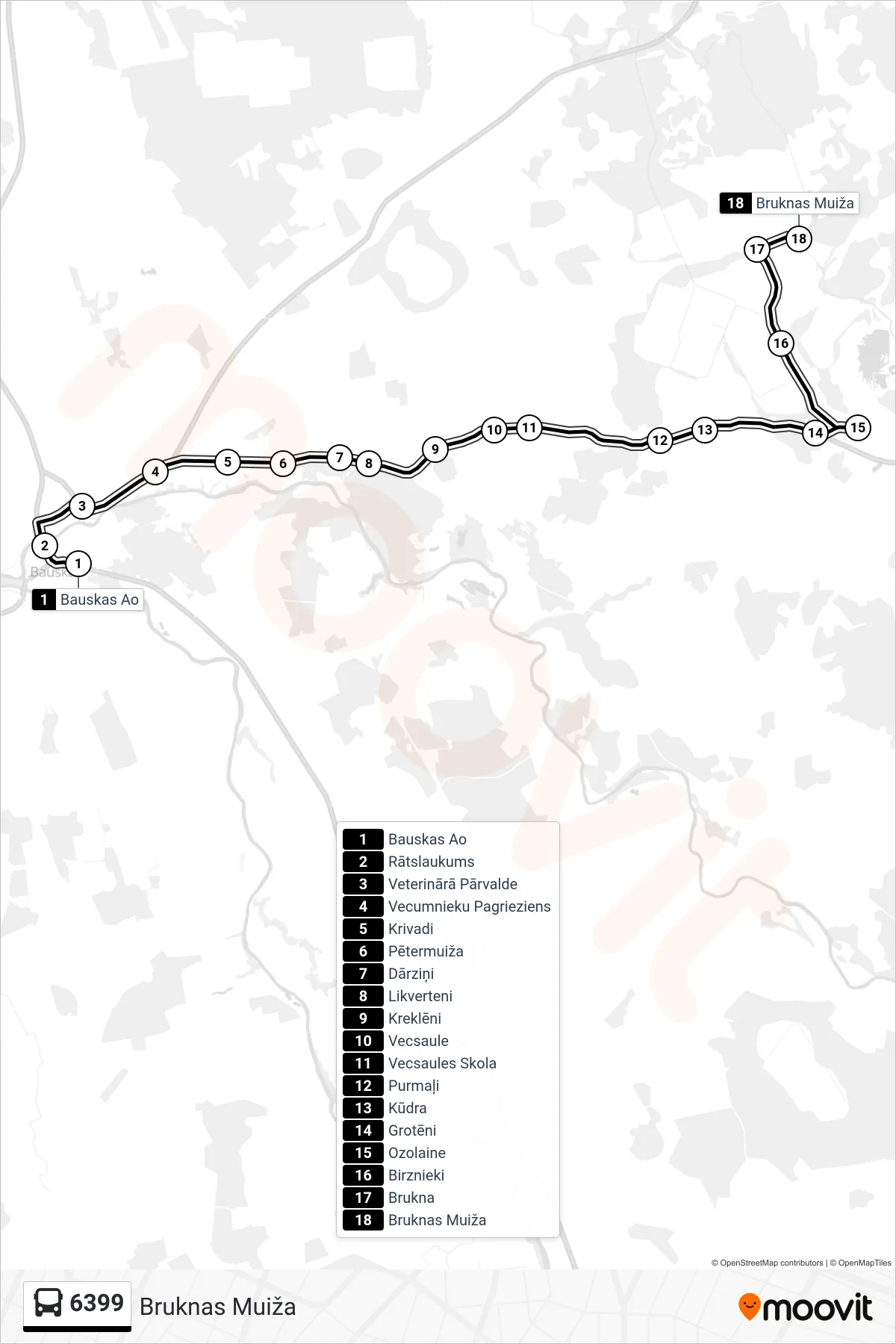 6399 bus Line (Bruknas Muiža) route and stops on a map