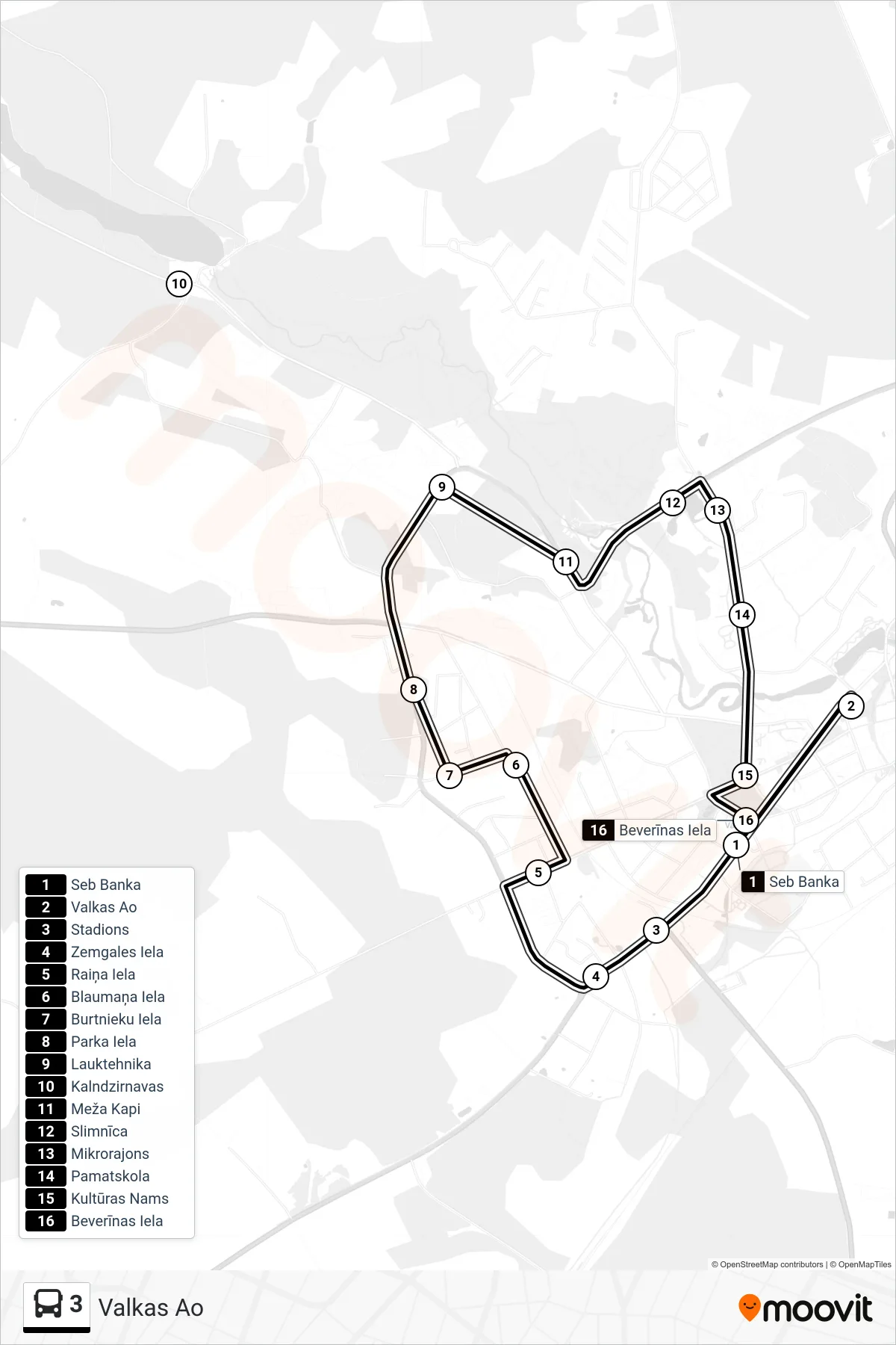 3 bus Line (Valkas Ao) route and stops on a map