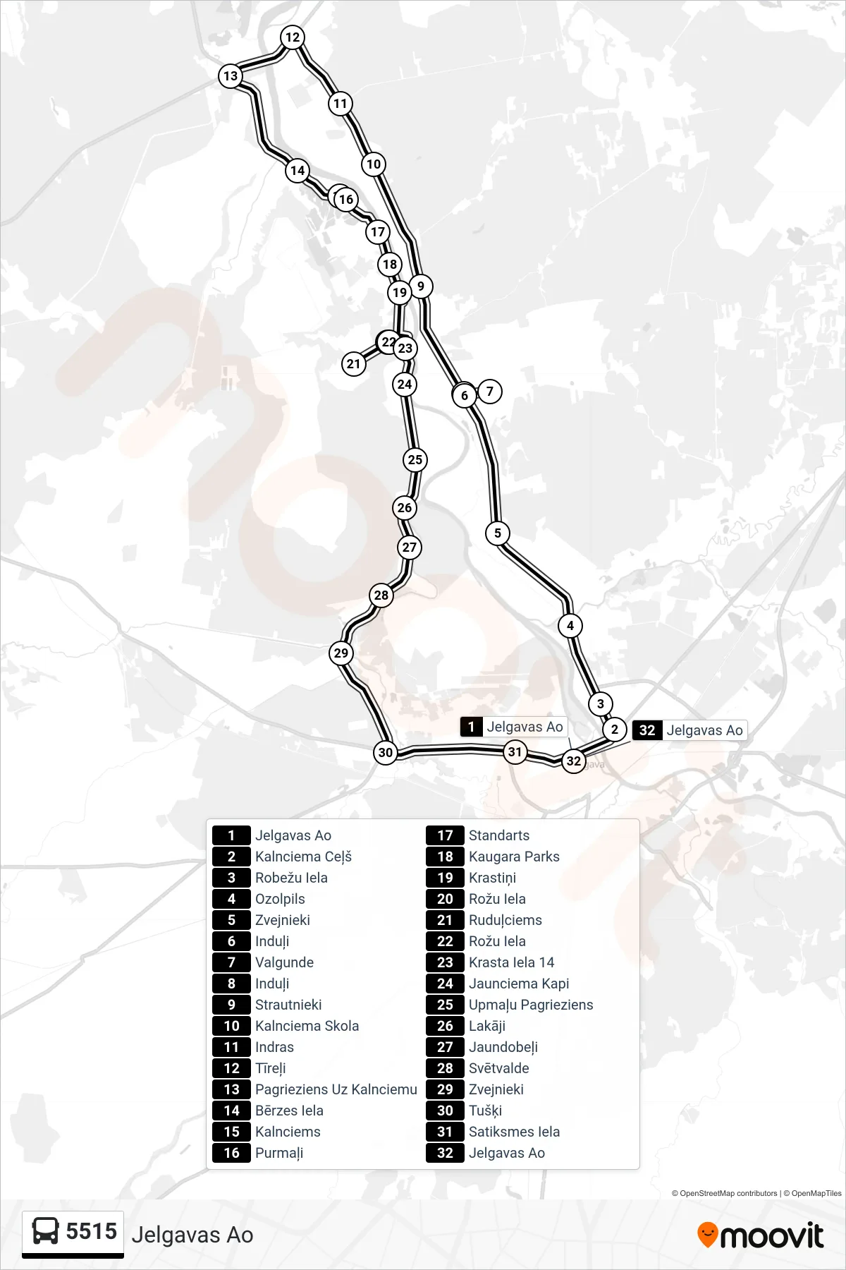 5515 bus Line (Jelgavas Ao) route and stops on a map