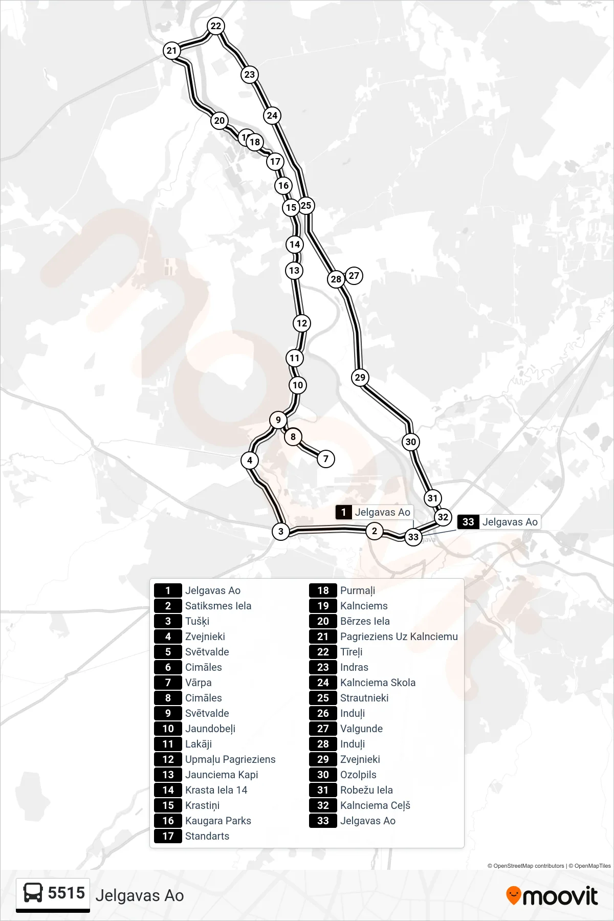 5515 bus Line (Jelgavas Ao) route and stops on a map