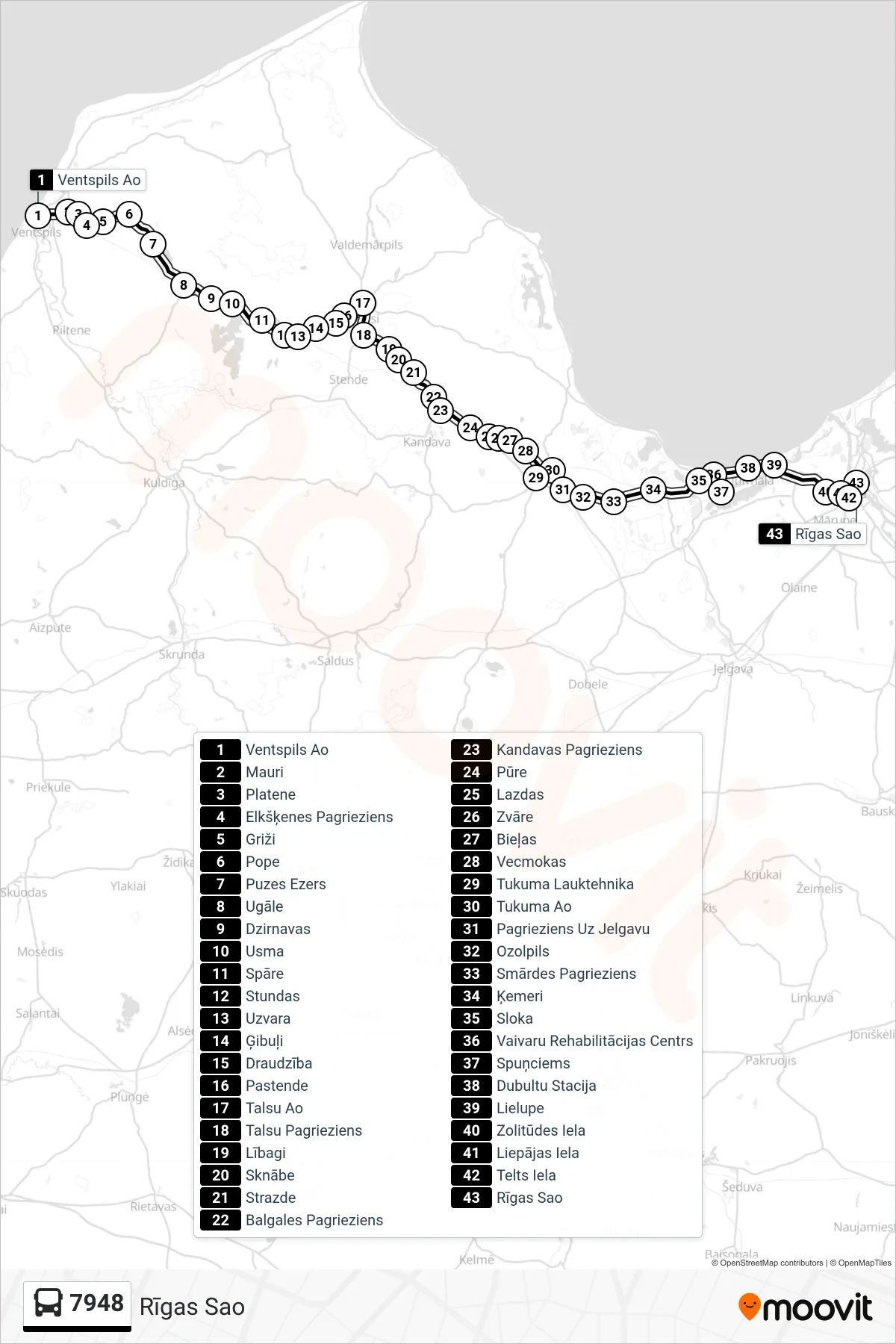 7948 bus Line (Rīgas Sao) route and stops on a map