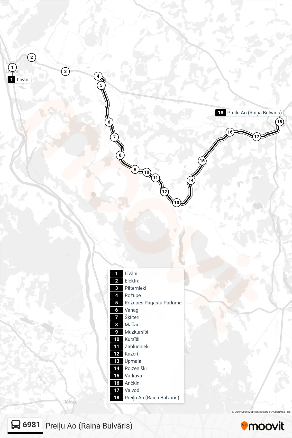 6981 bus Line (Preiļu Ao (Raiņa Bulvāris)) route and stops on a map
