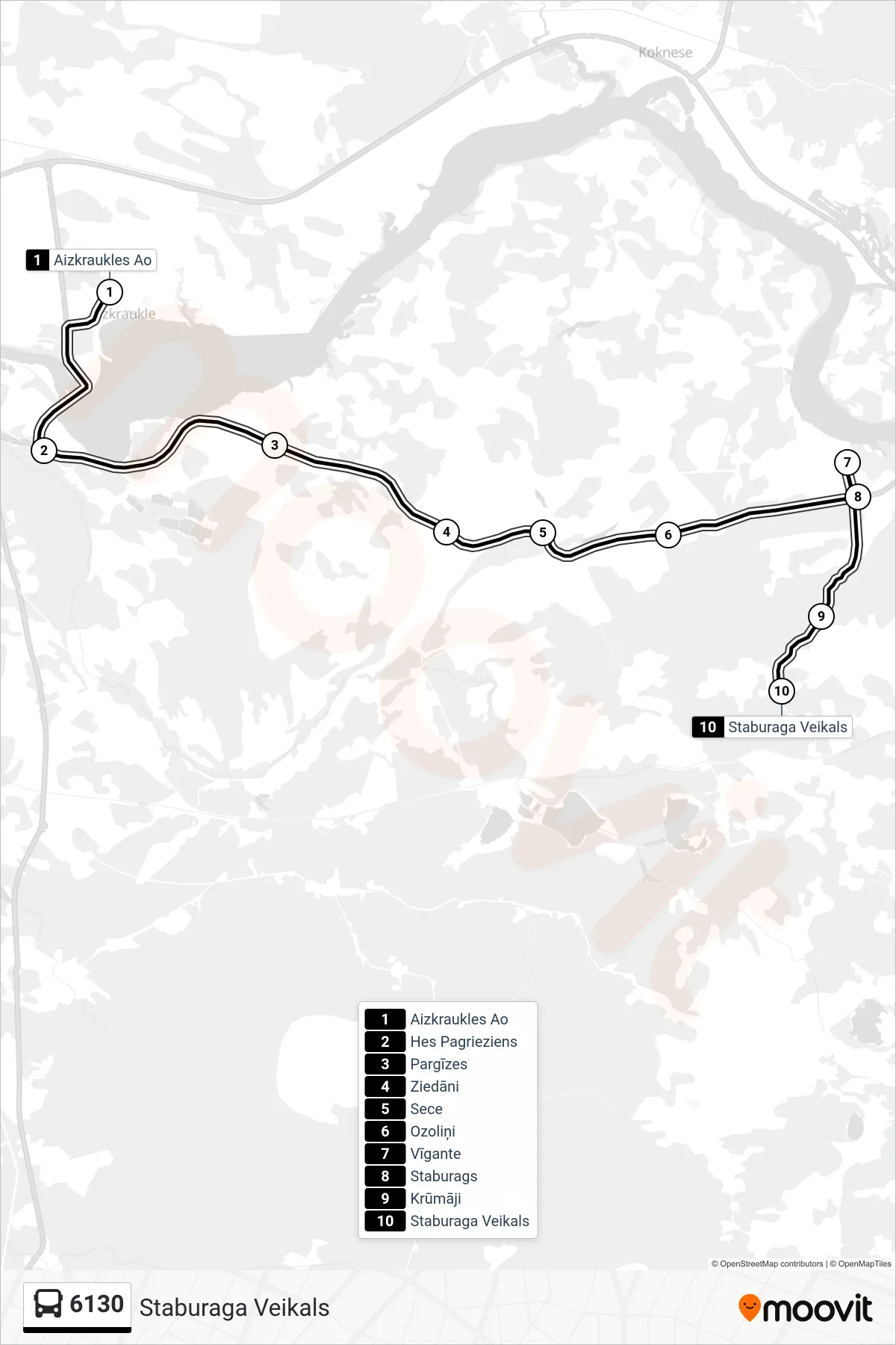 6130 bus Line (Staburaga Veikals) route and stops on a map
