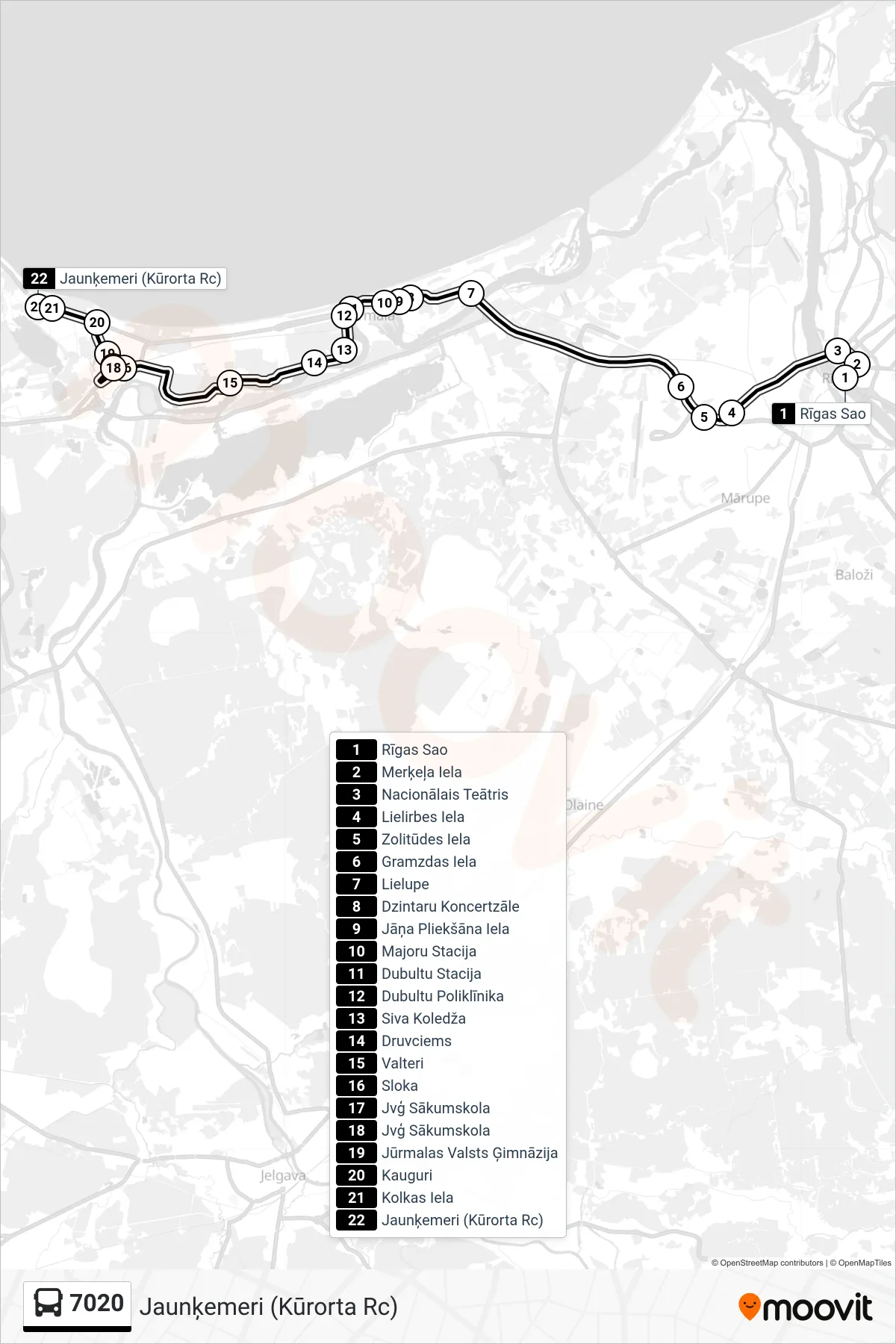 7020 bus Line (Jaunķemeri (Kūrorta Rc)) route and stops on a map
