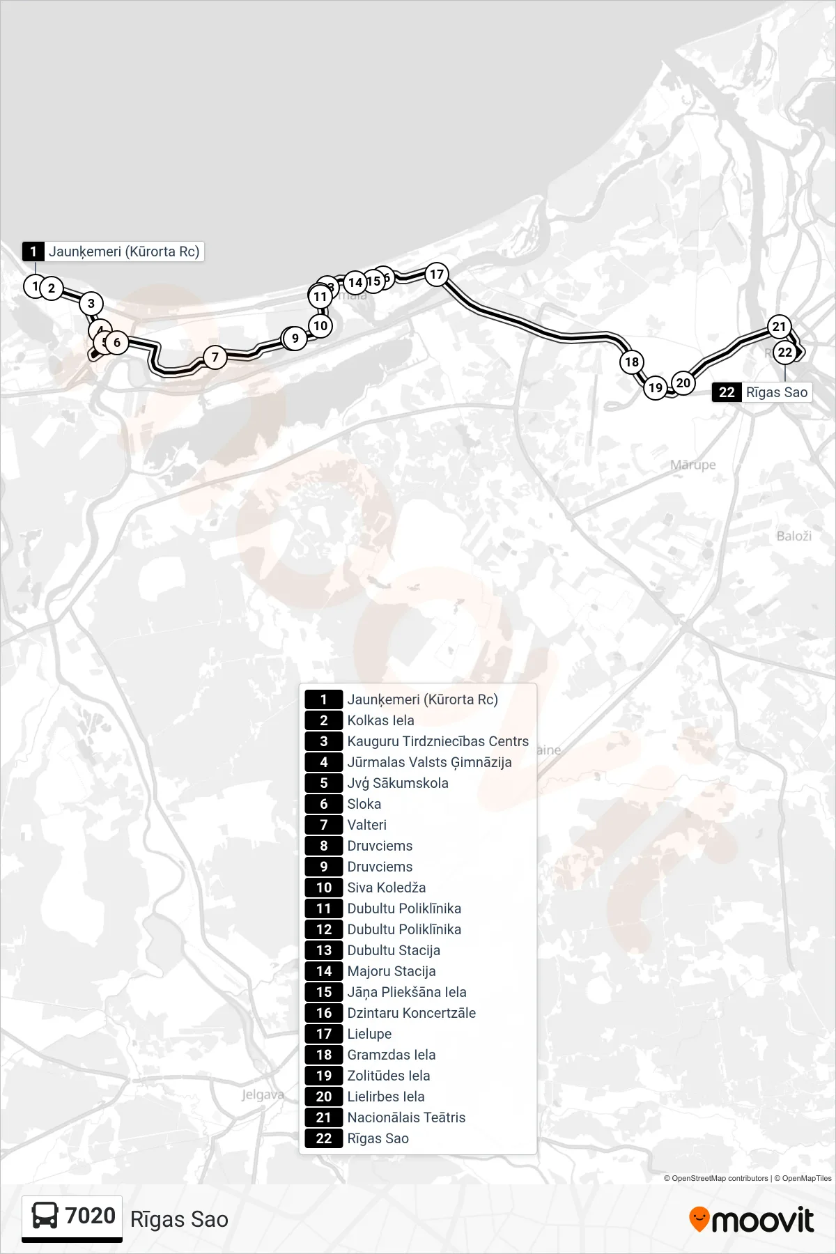 7020 bus Line (Rīgas Sao) route and stops on a map