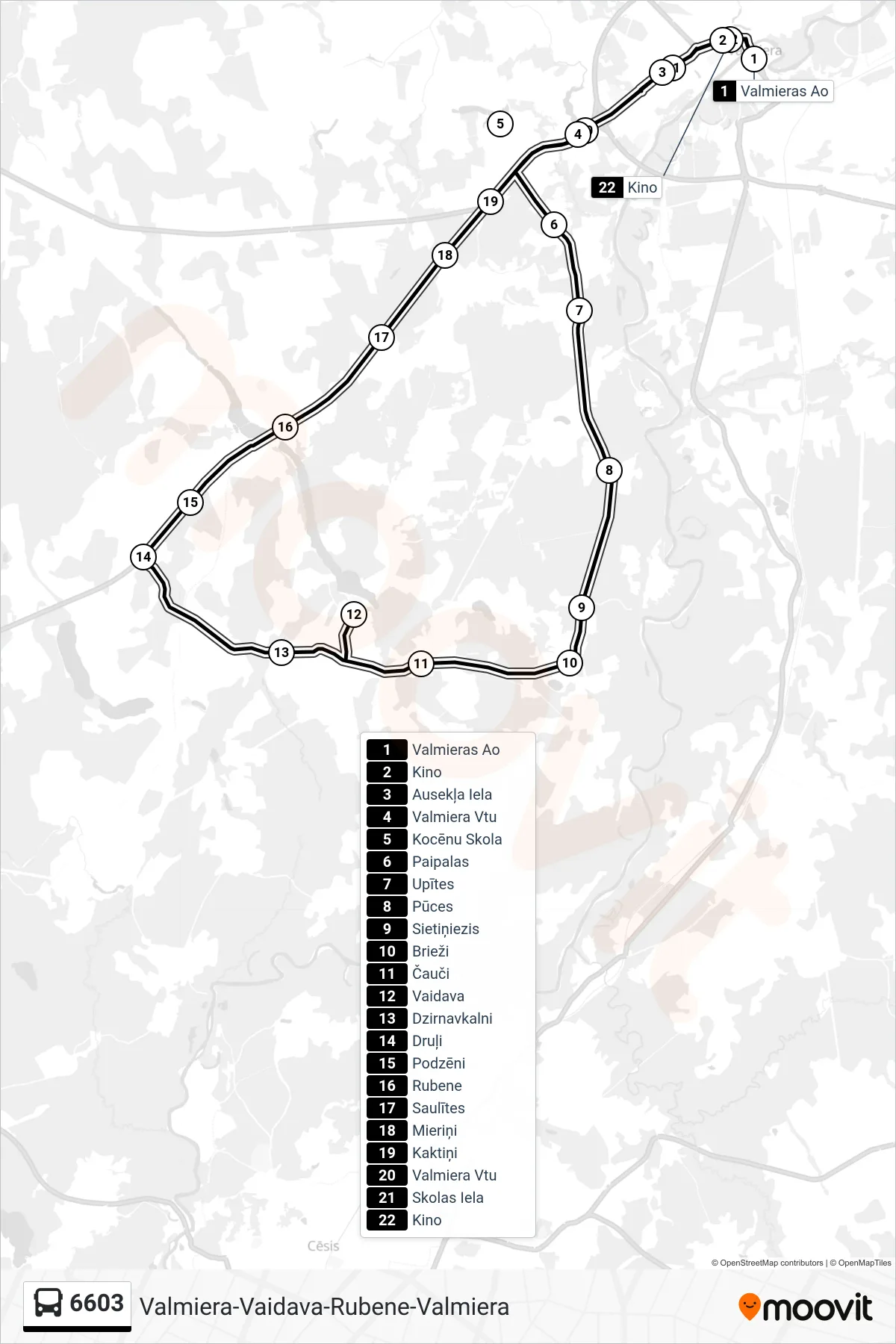 6603 bus Line (Valmieras Ao) route and stops on a map