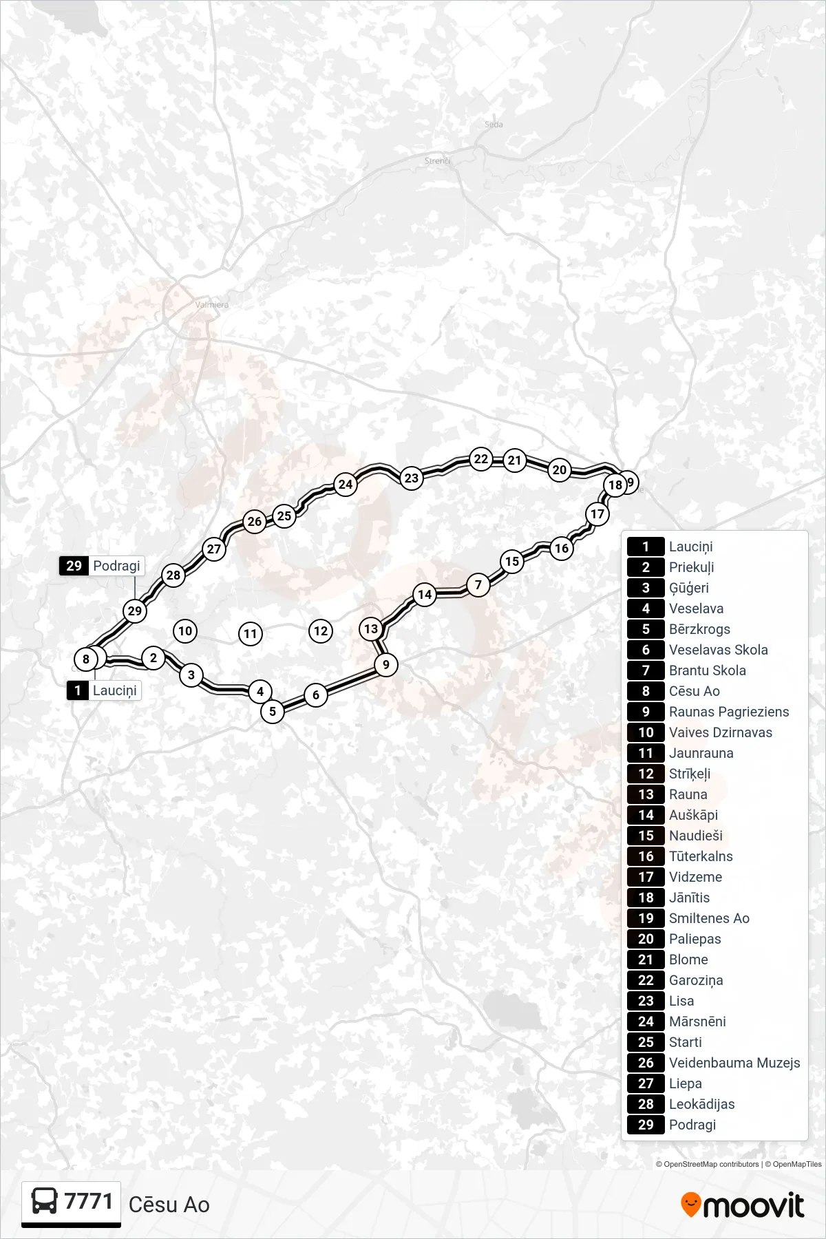 7771 bus Line (Cēsu Ao) route and stops on a map