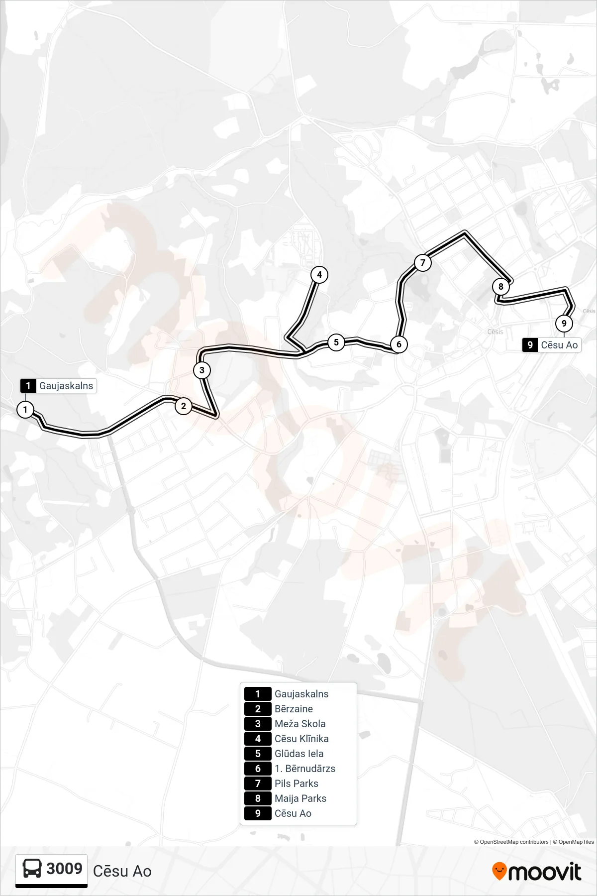 3009 bus Line (Cēsu Ao) route and stops on a map