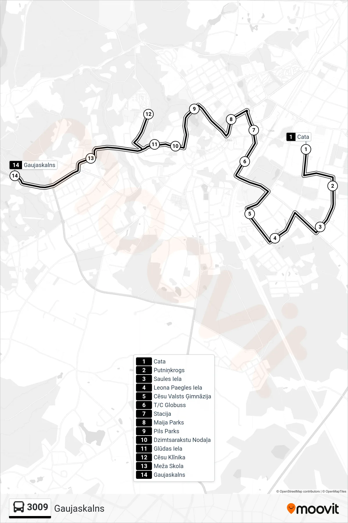 3009 bus Line (Gaujaskalns) route and stops on a map