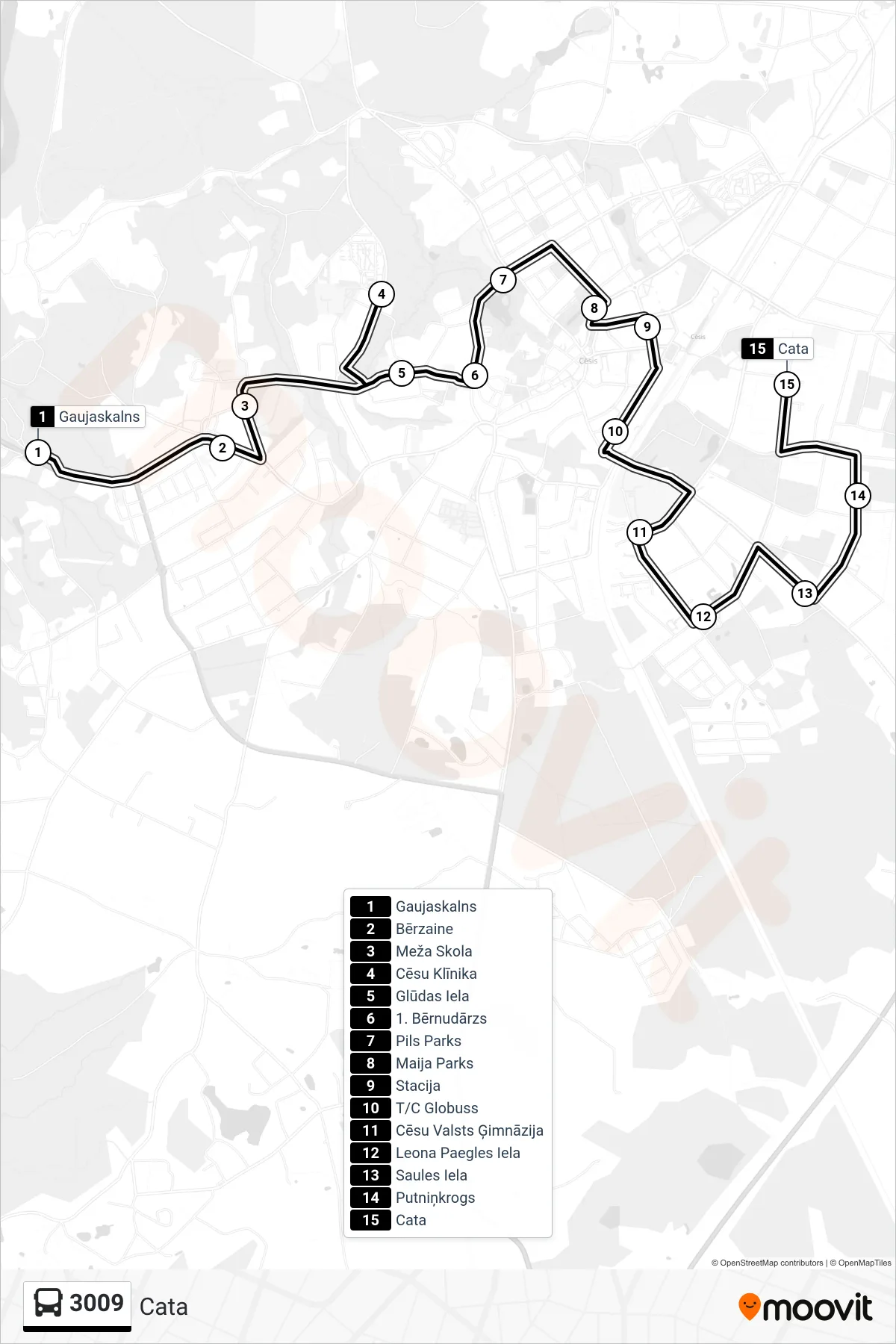 3009 bus Line (Cata) route and stops on a map