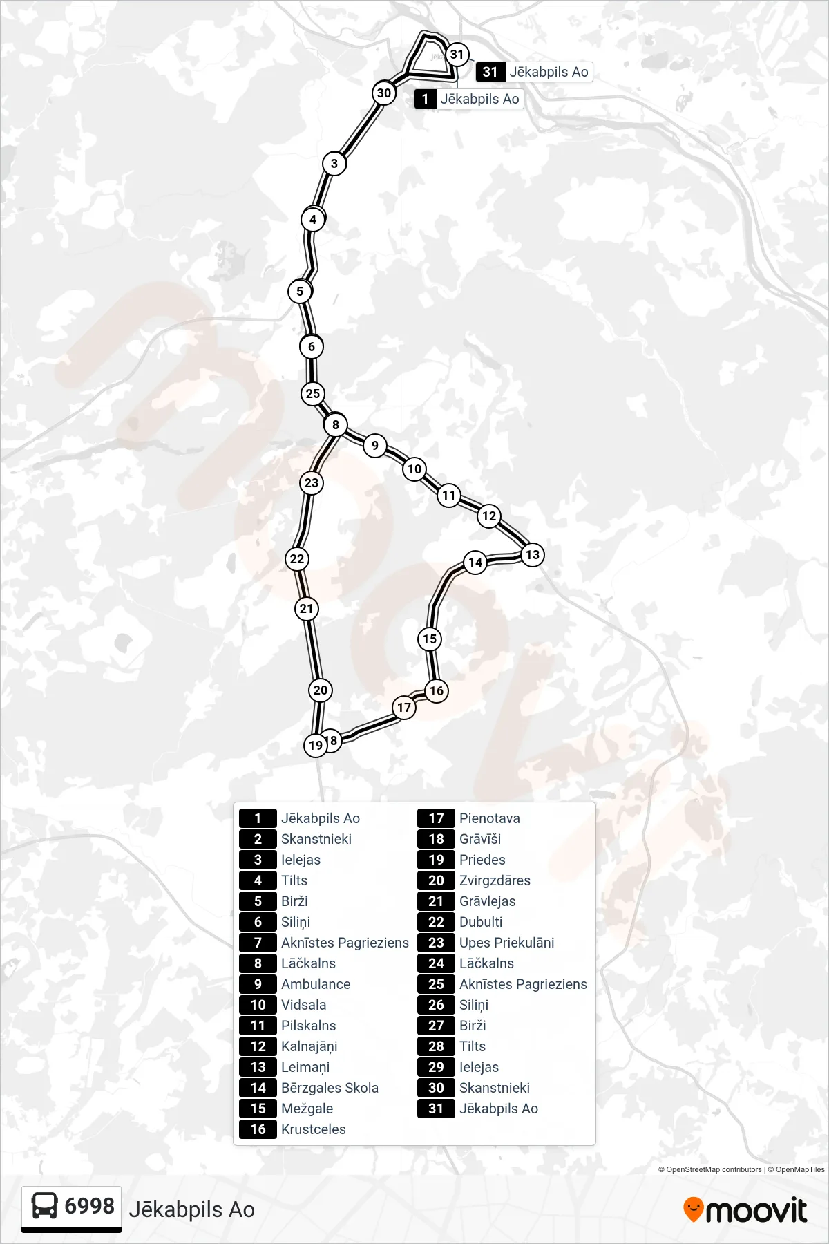 6998 bus Line (Jēkabpils Ao) route and stops on a map
