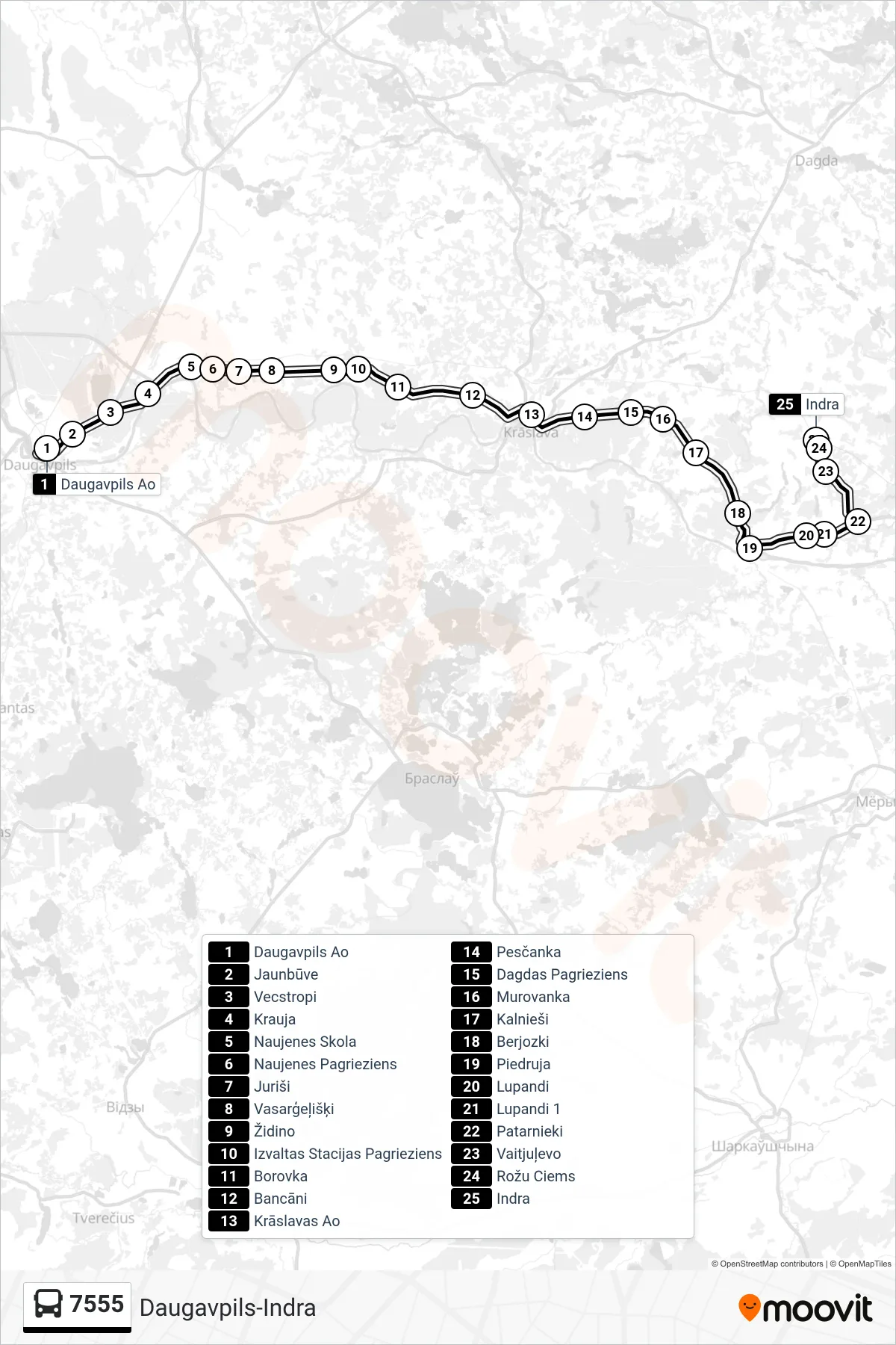 7555 bus Line (Indra) route and stops on a map