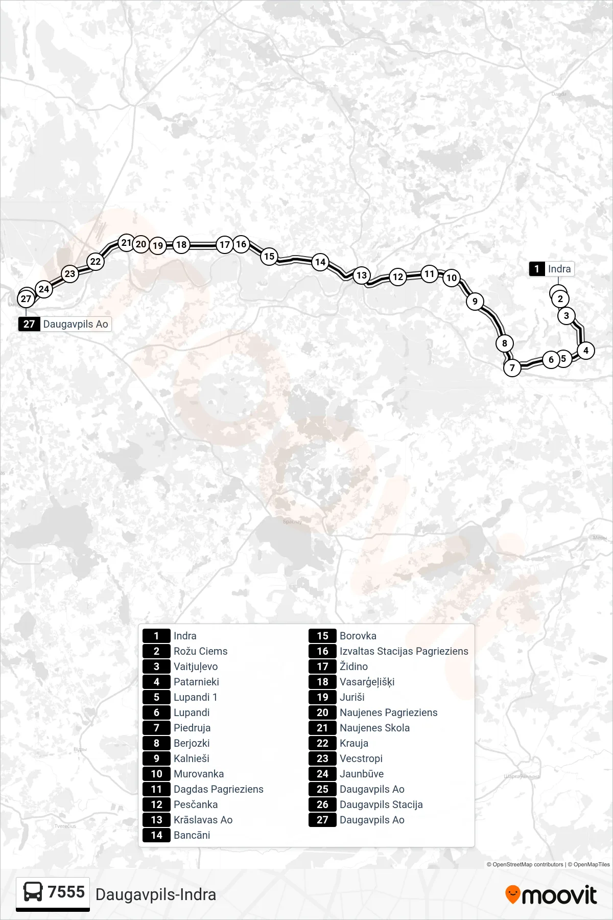7555 bus Line (Daugavpils Ao) route and stops on a map