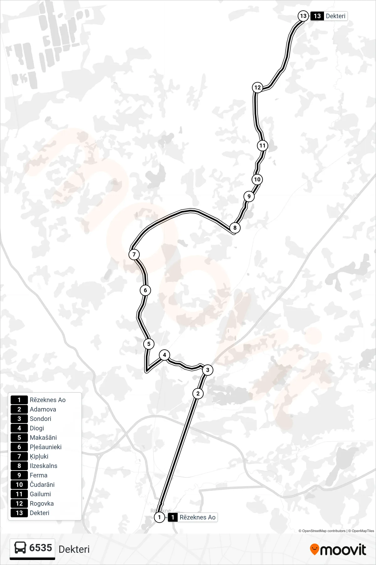 6535 bus Line (Dekteri) route and stops on a map