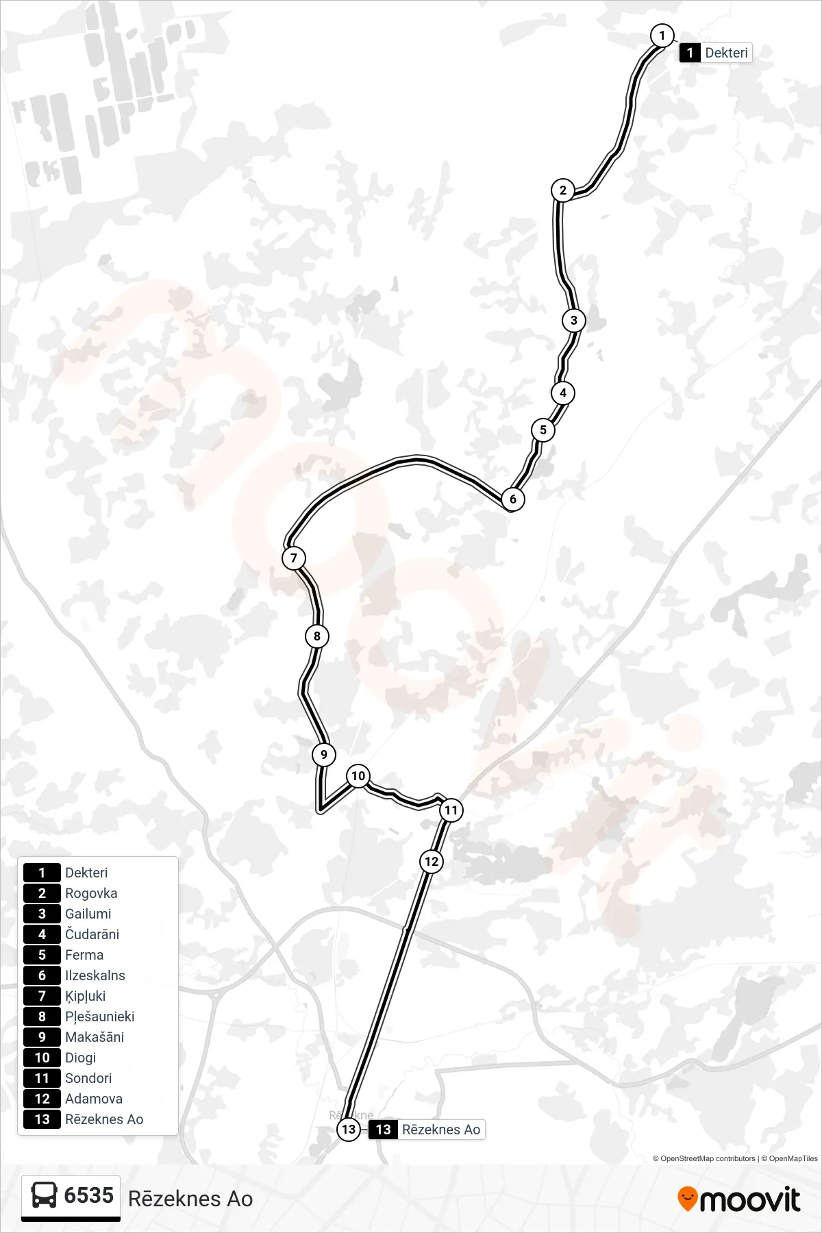 6535 bus Line (Rēzeknes Ao) route and stops on a map