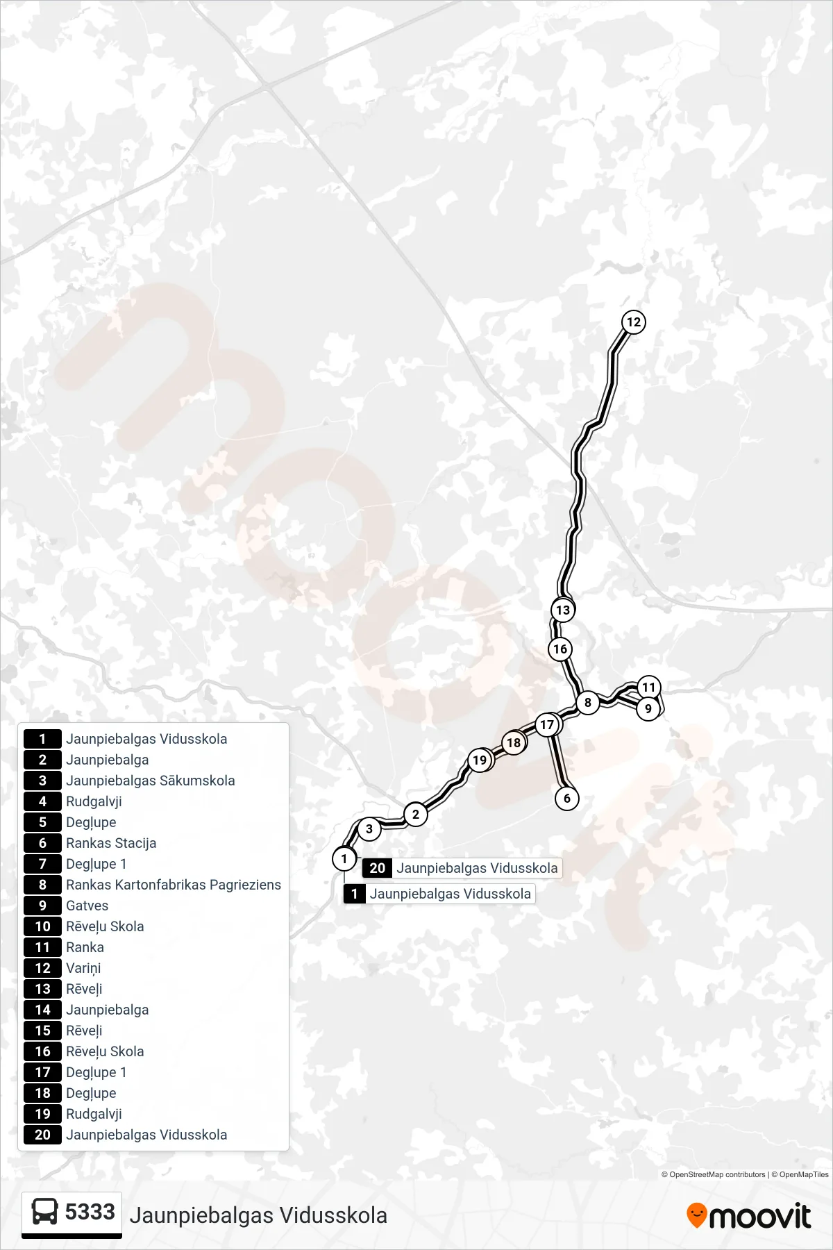 5333 bus Line (Jaunpiebalgas Vidusskola) route and stops on a map