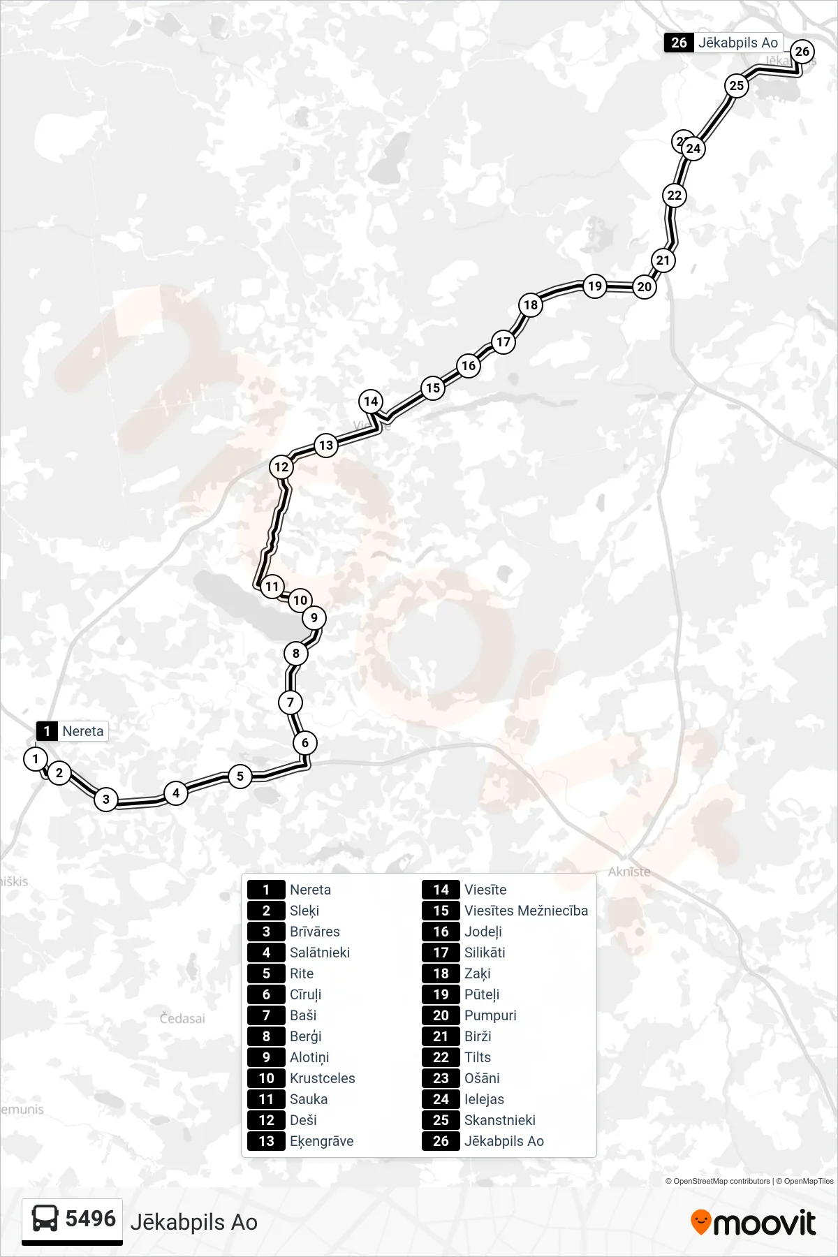 5496 bus Line (Jēkabpils Ao) route and stops on a map