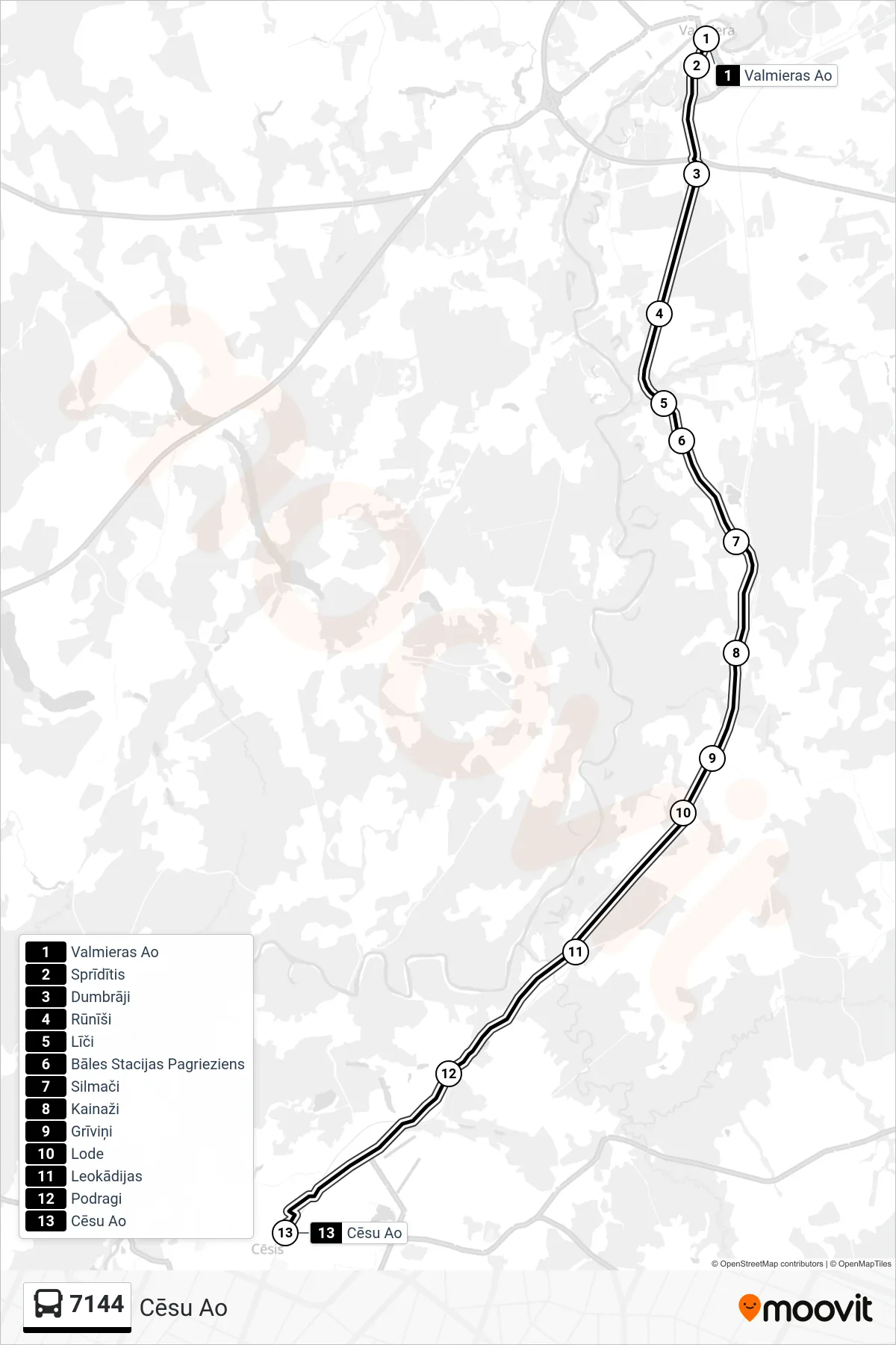 7144 bus Line (Cēsu Ao) route and stops on a map