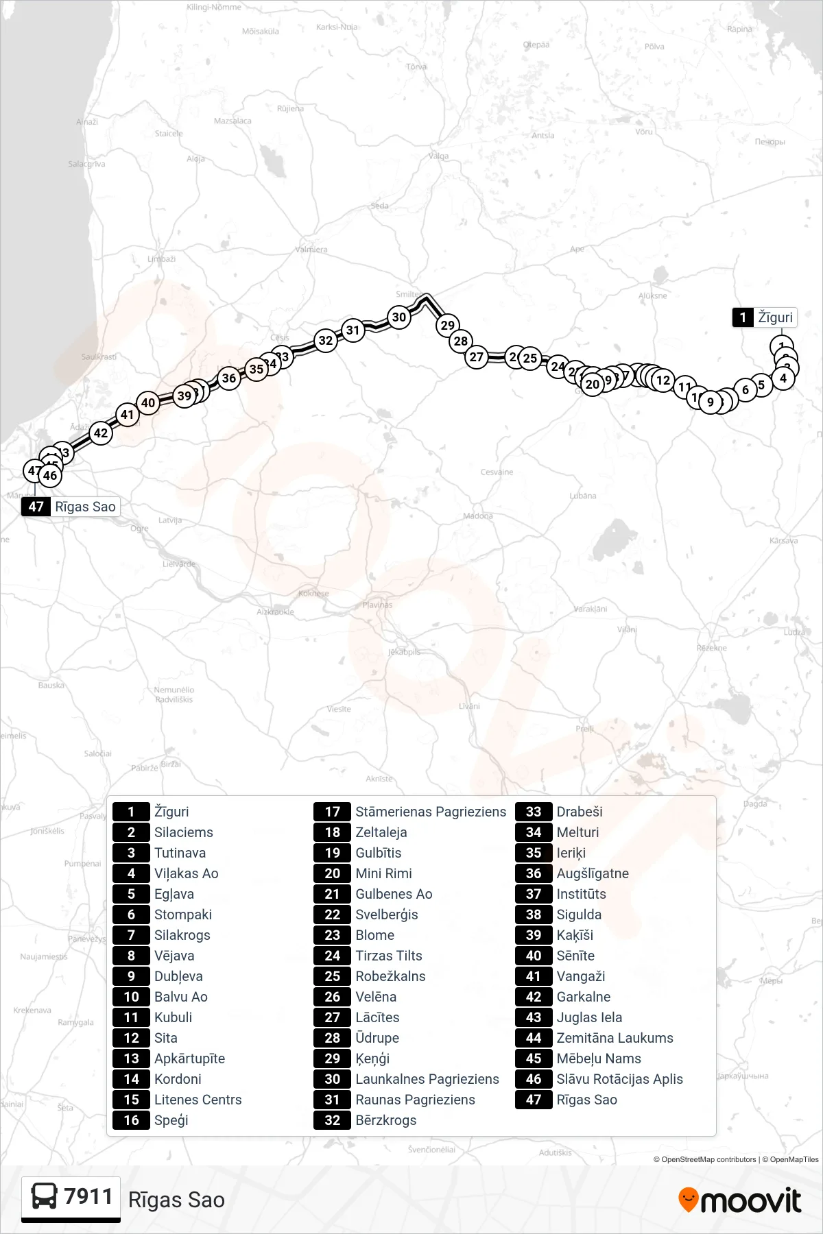 7911 bus Line (Rīgas Sao) route and stops on a map