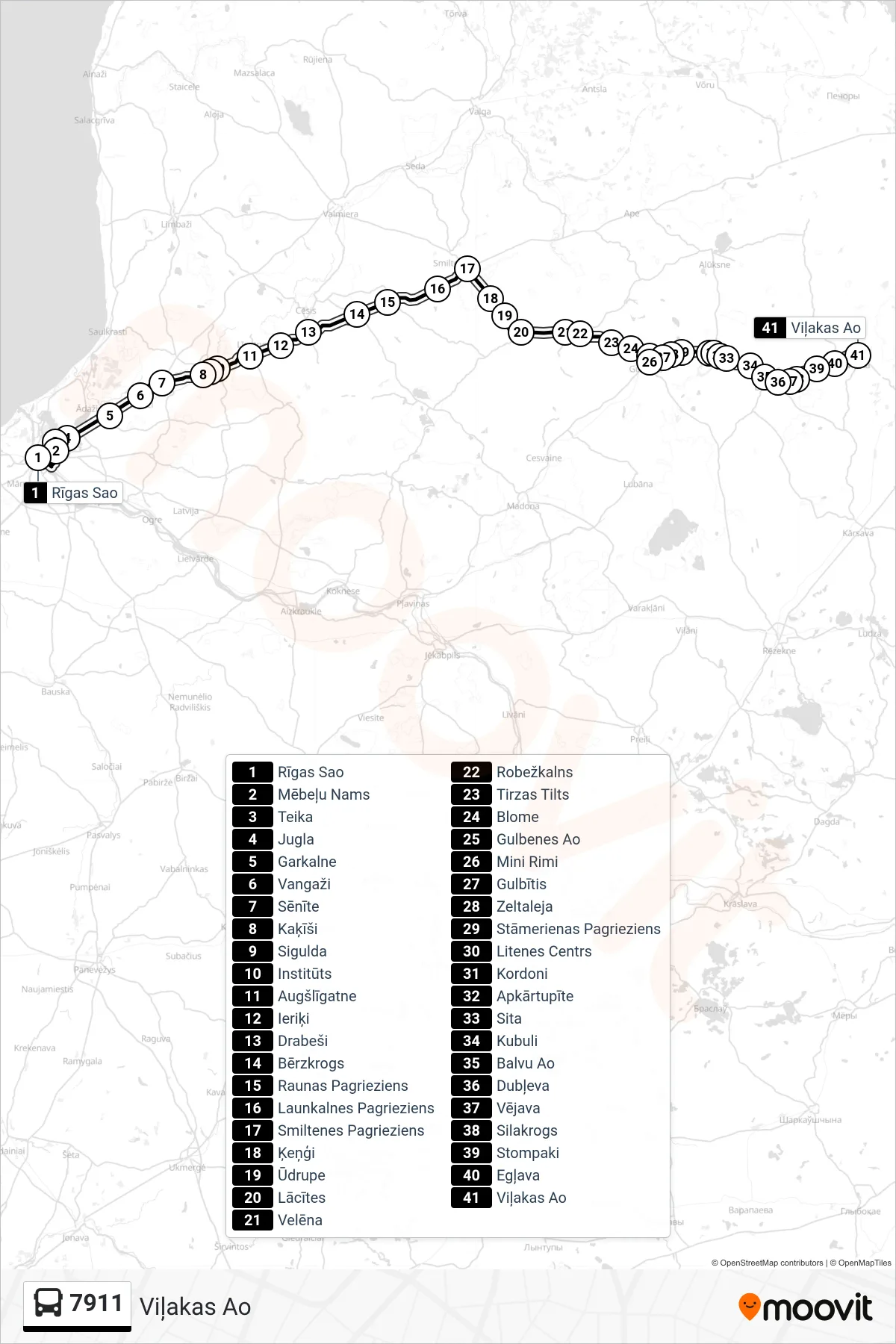 7911 bus Line (Viļakas Ao) route and stops on a map