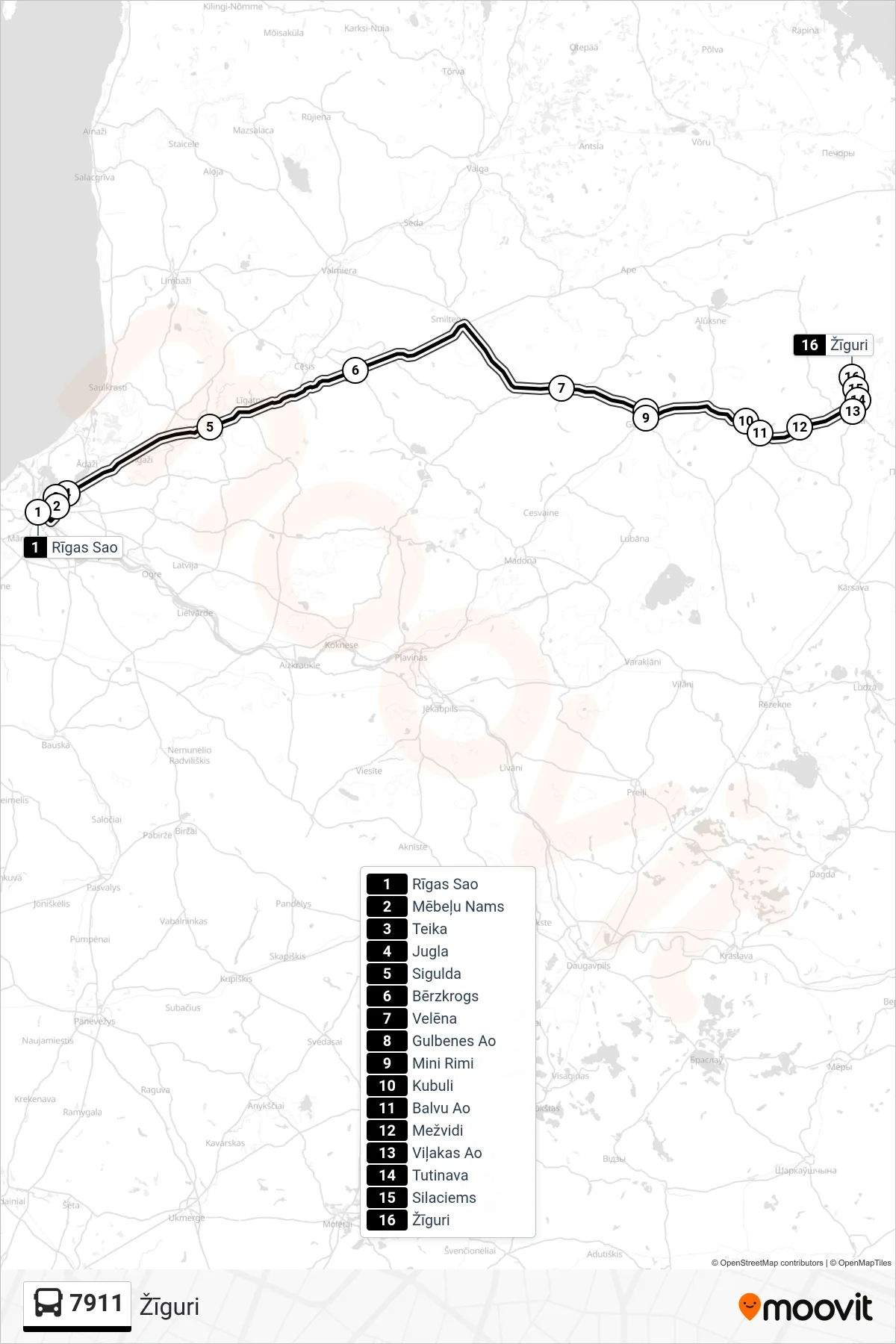7911 bus Line (Žīguri) route and stops on a map