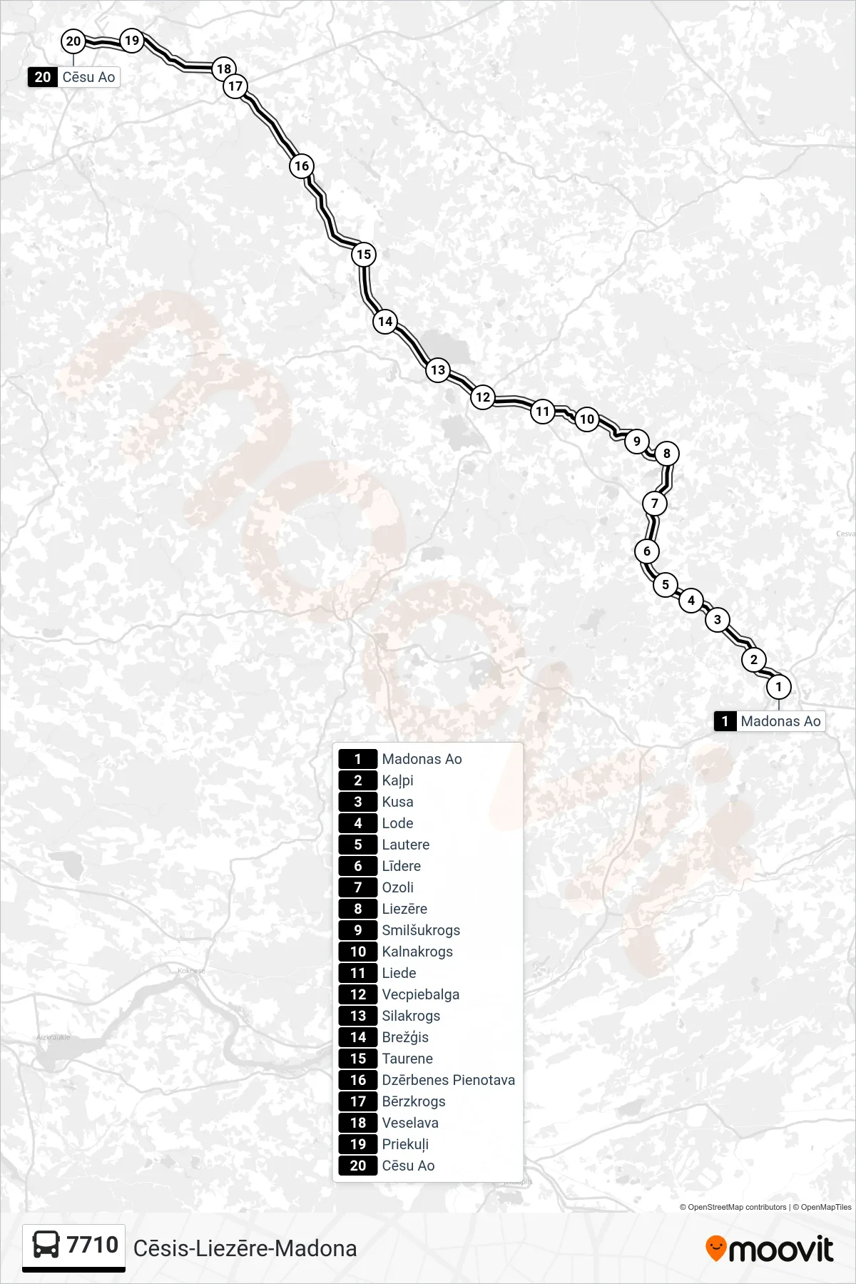 7710 bus Line (Cēsu Ao) route and stops on a map