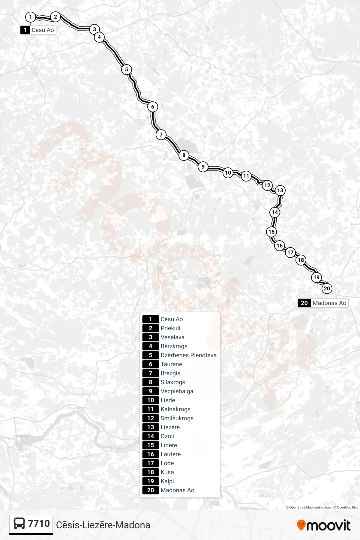 7710 bus Line (Madonas Ao) route and stops on a map