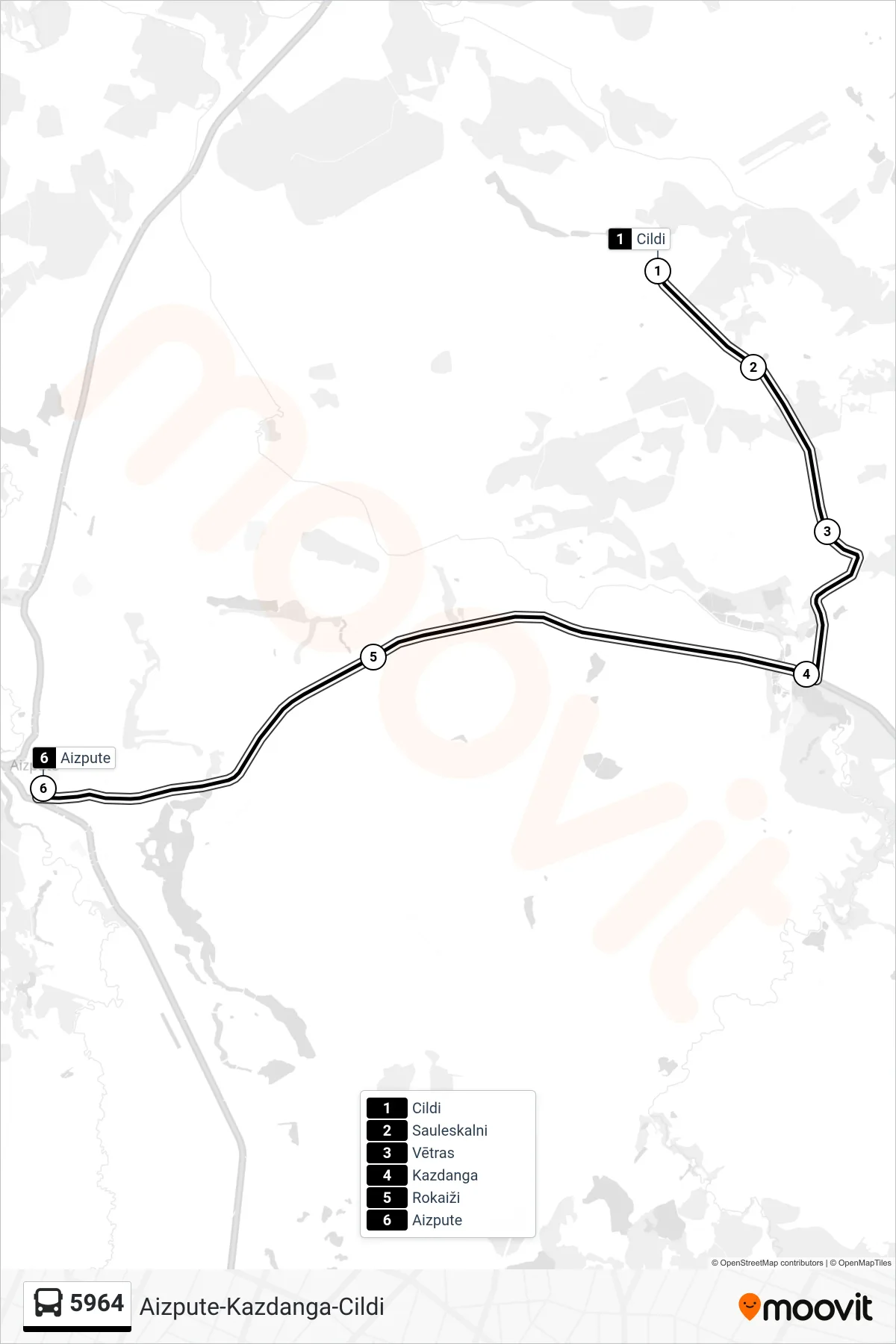 5964 bus Line (Aizpute) route and stops on a map