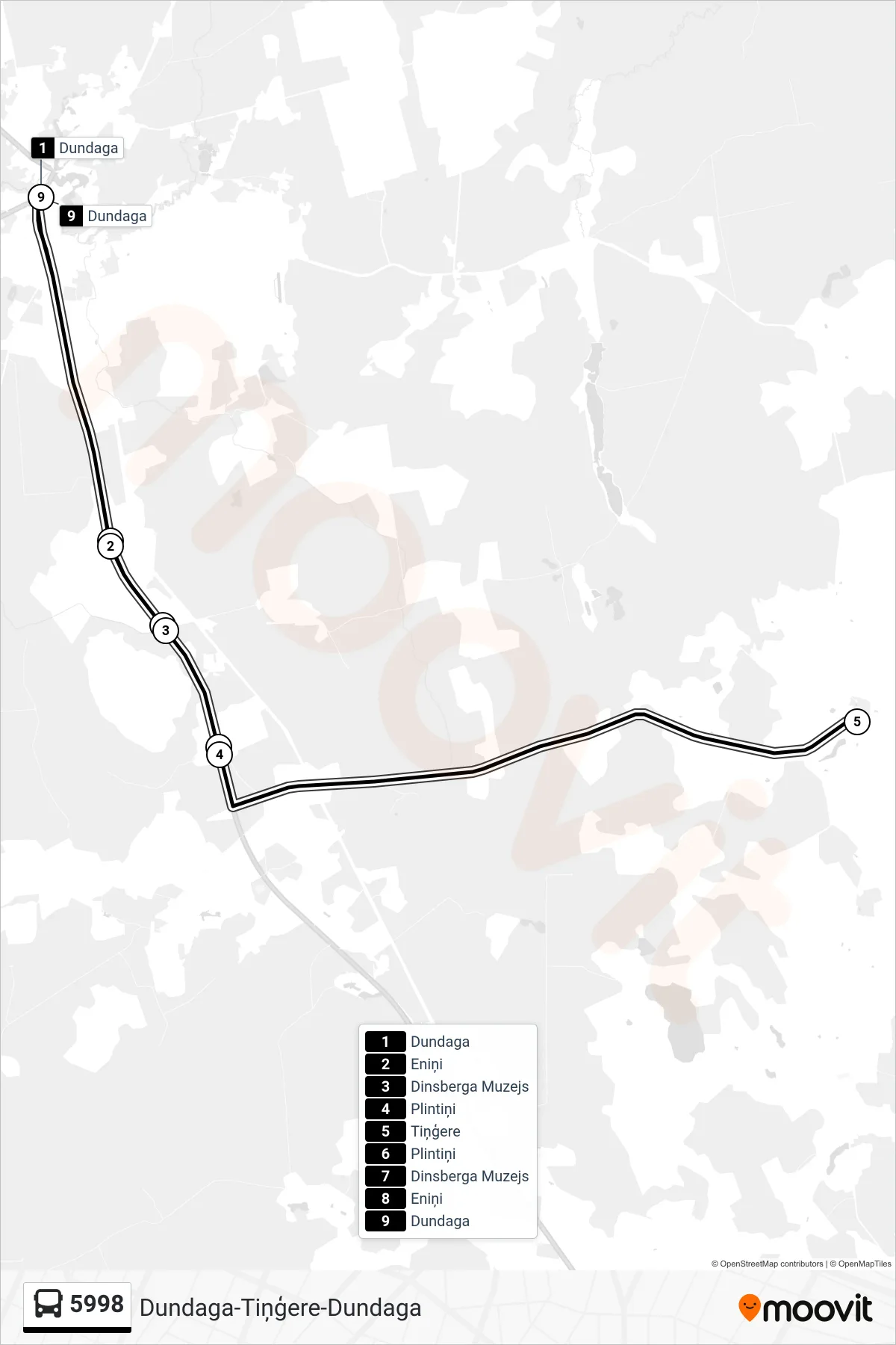 5998 bus Line (Dundaga) route and stops on a map