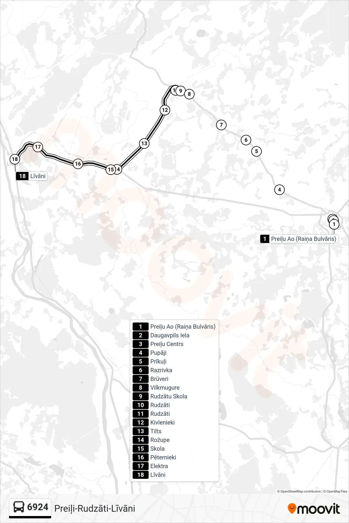 6924 bus Line (Līvāni) route and stops on a map