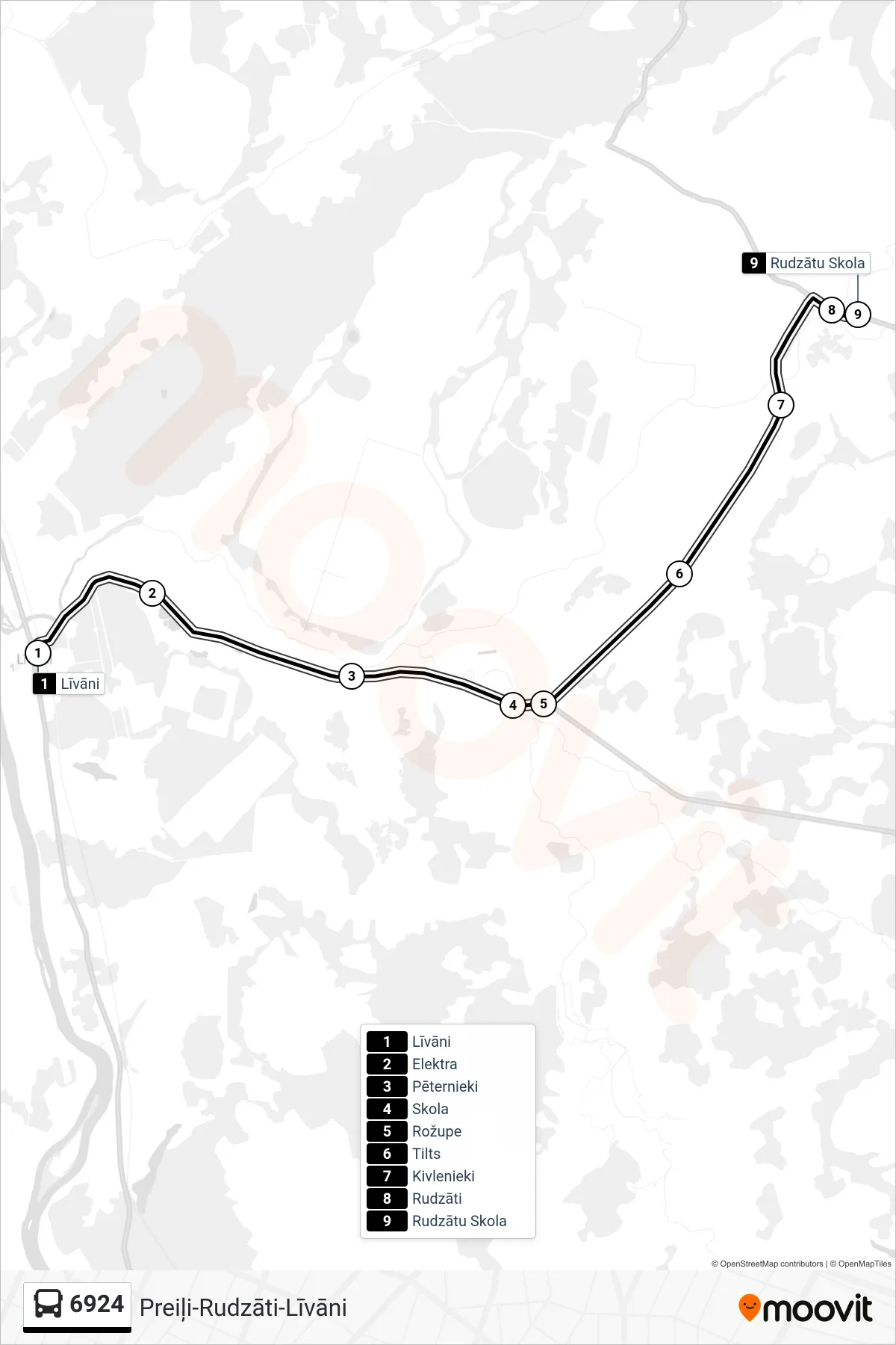 6924 bus Line (Rudzātu Skola) route and stops on a map