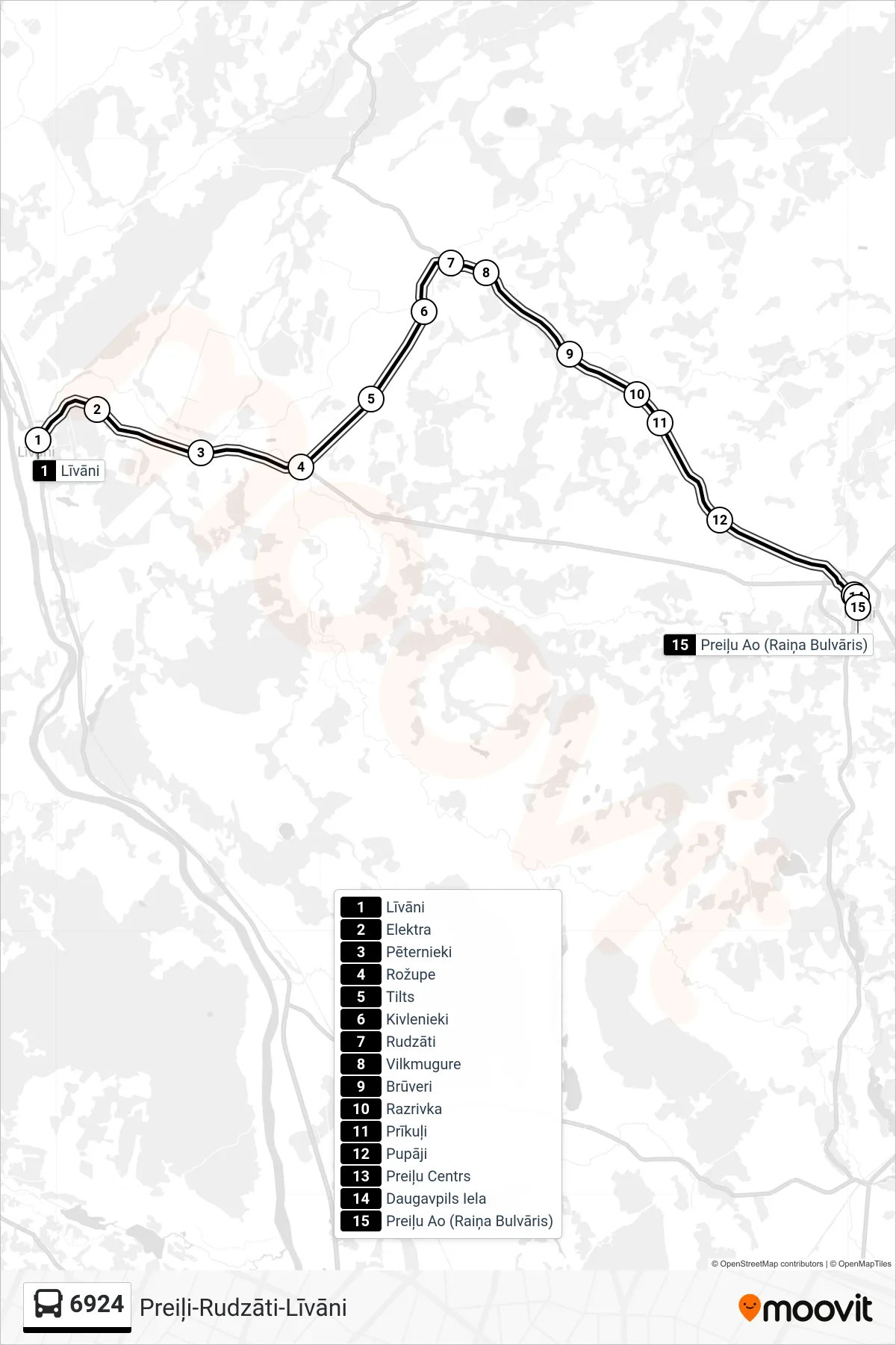 6924 bus Line (Preiļu Ao (Raiņa Bulvāris)) route and stops on a map