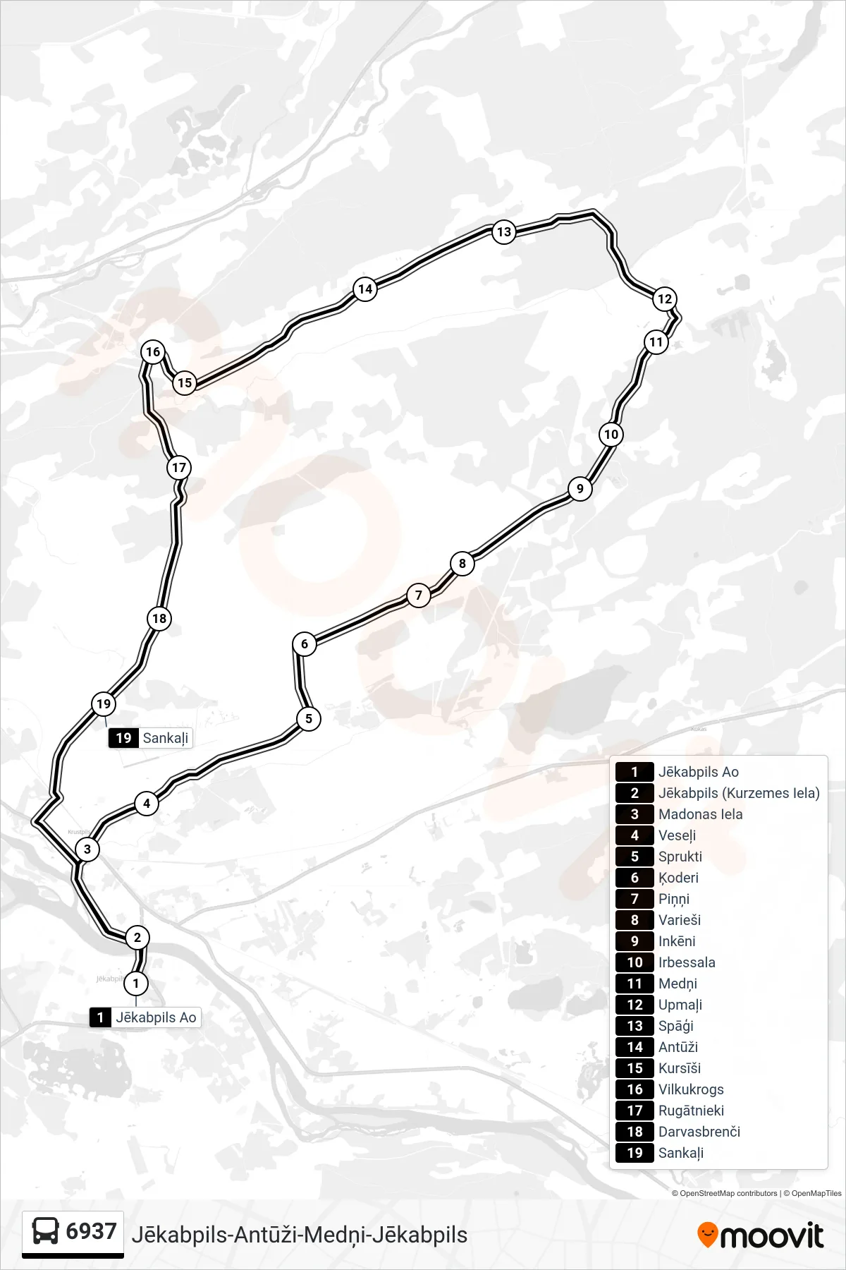 6937 bus Line (Jēkabpils Ao) route and stops on a map