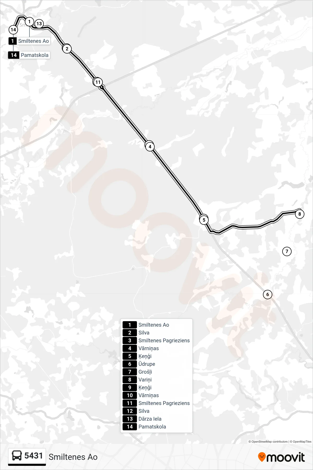 5431 bus Line (Smiltenes Ao) route and stops on a map