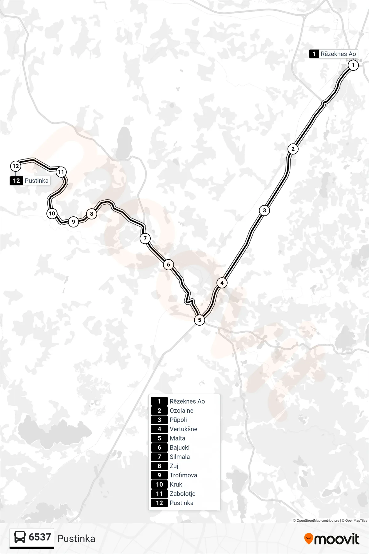6537 bus Line (Pustinka) route and stops on a map