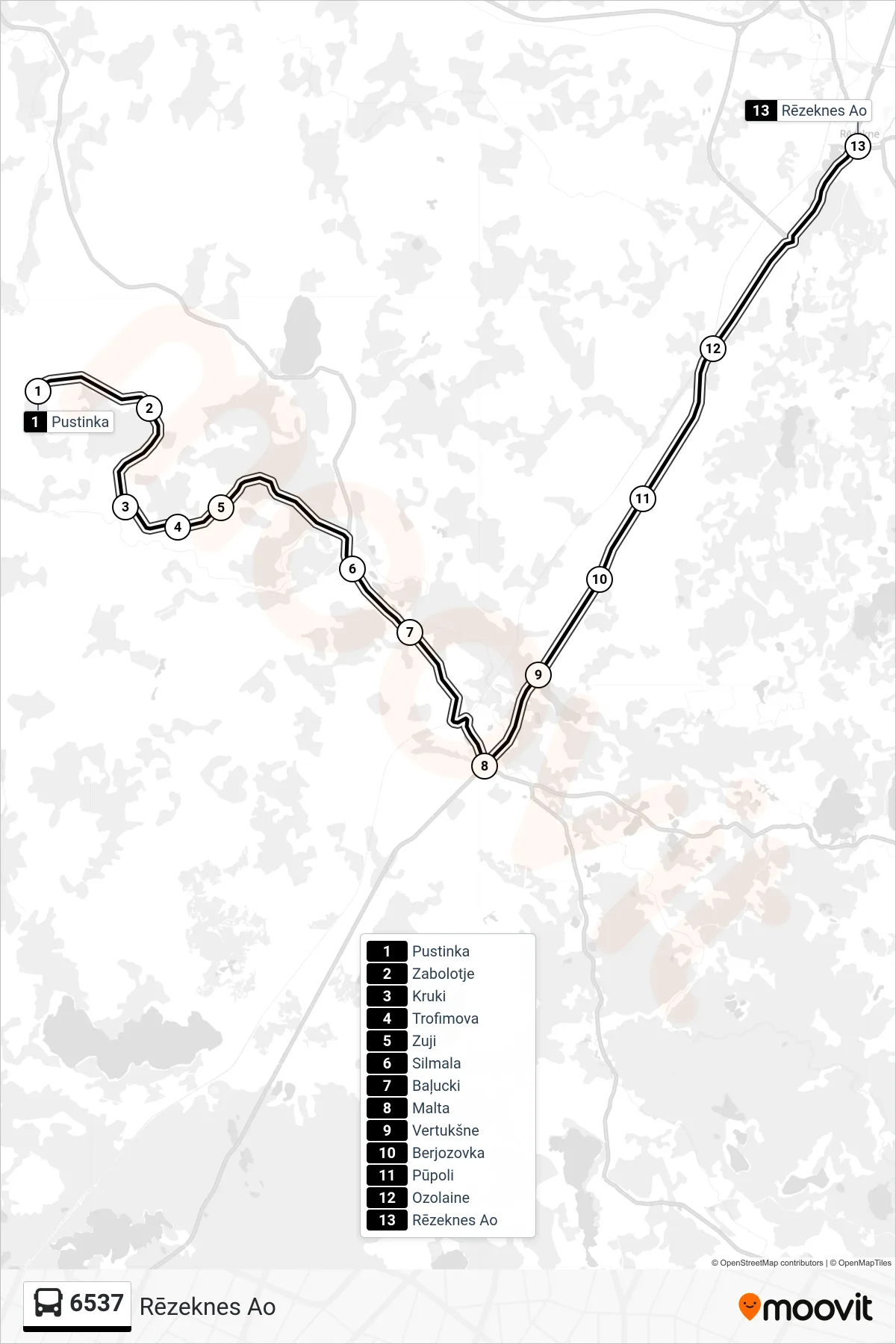 6537 bus Line (Rēzeknes Ao) route and stops on a map